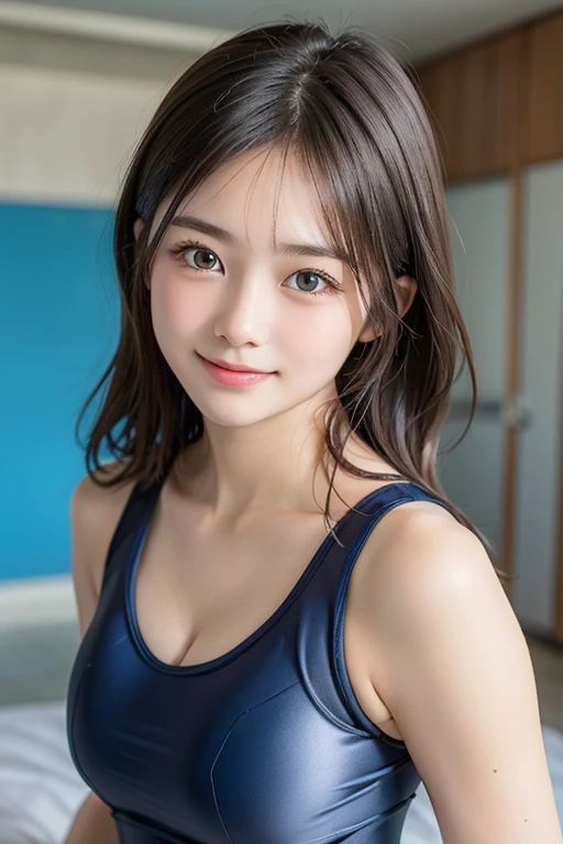 (One Girl), exremely cute face, Great face and eyes, (Highly detailed eyes, Highly detailed face), Fresh, Very beautiful appearance, (超Realistic, High resolution), (highest quality:1.4), RAW Photos, (Realistic, Photorealistic:1.37), Professional photography , (Cleavage:1.2), (Exposing shoulders), smile, (Look at me), Bedroom, Portrait of a Girl , , (School Swimsuit:1.4)