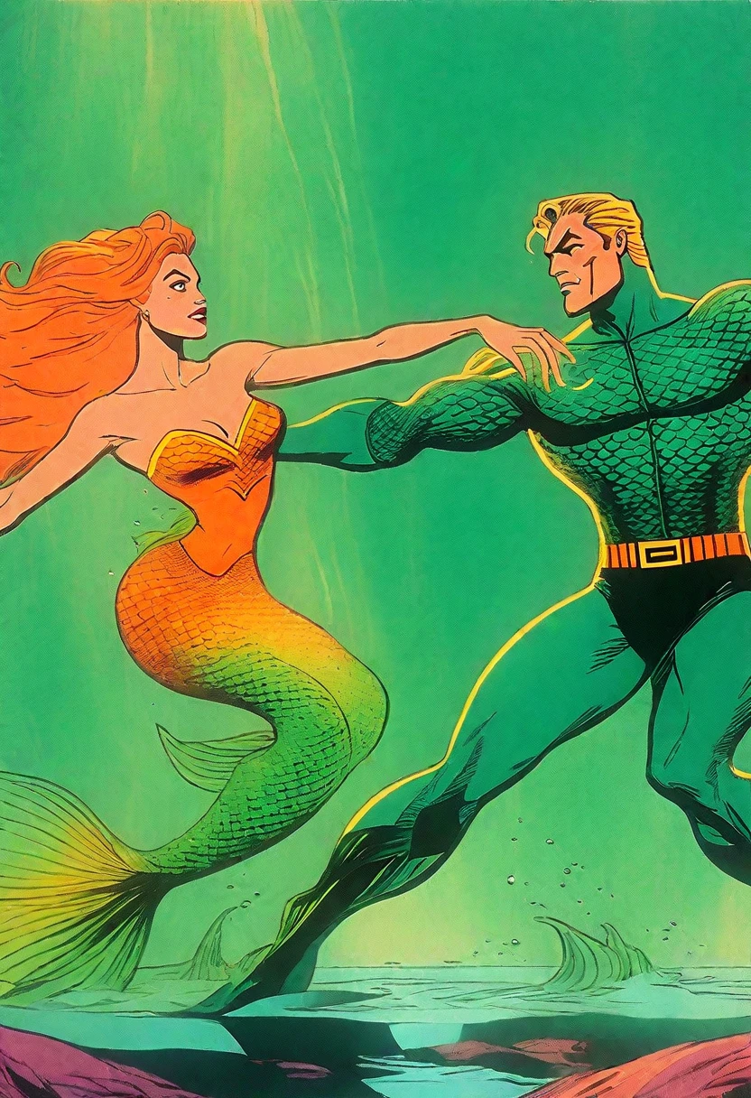 Aquaman (Orin, Arthur Curry, vintage, orange and green costume), dancing a vile stanky boogie with a mermaid princess, duo Aquaman and Mermaid Princess, rotoscope, cinematic, hyperrealism cartoon, hyper maximal, strange, shading for depth, 90's expressive comic style,