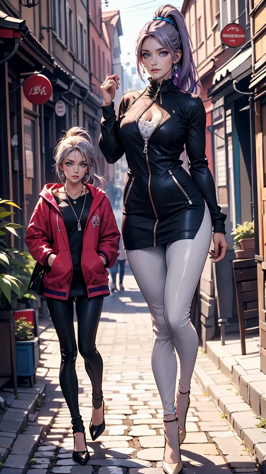 A 22-year-old extremely beautiful white woman、Supermodel proportions、Hair color blonde、blue eyeedium Hair、Straight Hair、Purple inner color((colored inner hair))、Split Ponytail((split ponytail))、Wear a high-neck zipper-up dress、Large chest、Narrow waist、Wear leggings、Wear high heels、In a cobblestone alley of the old town