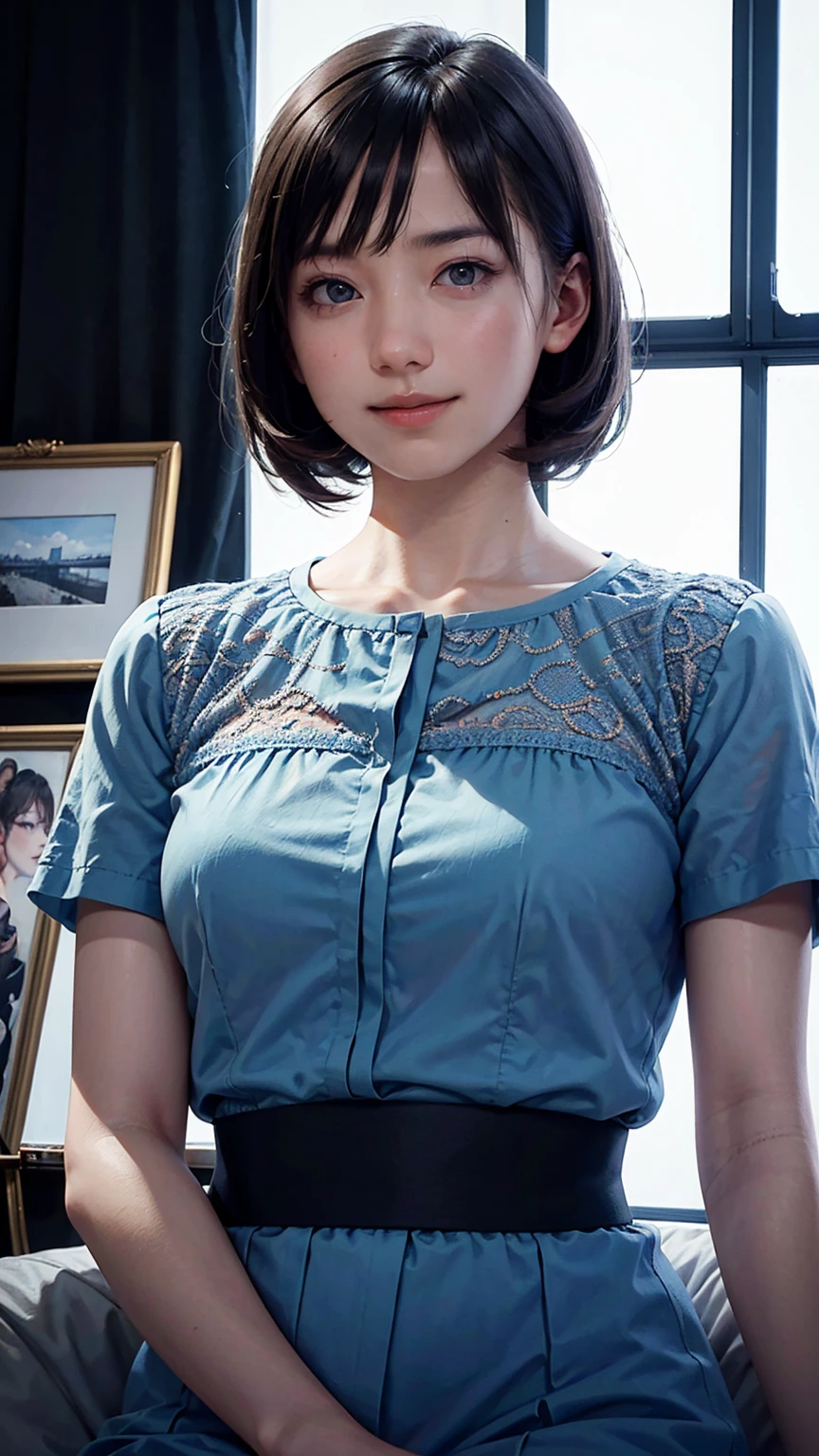 "(highest quality,8k,High resolution,masterpiece:1.2),Very detailed,(Realistic,photoRealistic,photo-Realistic:1.37),(Realistic:1.37),One beautiful woman、short hair,Deep black eyes,21 years old,Light brown hair,Blue clothes,Blue Uniform,Moderate:Oil,Portrait of a Woman,smile,Vibrant colors,Soft lighting,Studio settings,Fine brushwork,White skin,Gentle expression,Subtle highlights,Thin hair bundle,A confident gaze,Classic black and white palette,Dramatic contrast,Bold composition,Mystery hint,Refined elegance,Professional Poses,Graceful posture,Perfect detail,Smooth skin texture,Perfect symmetry,The beauty of film: a mysterious smile,Sublime Art