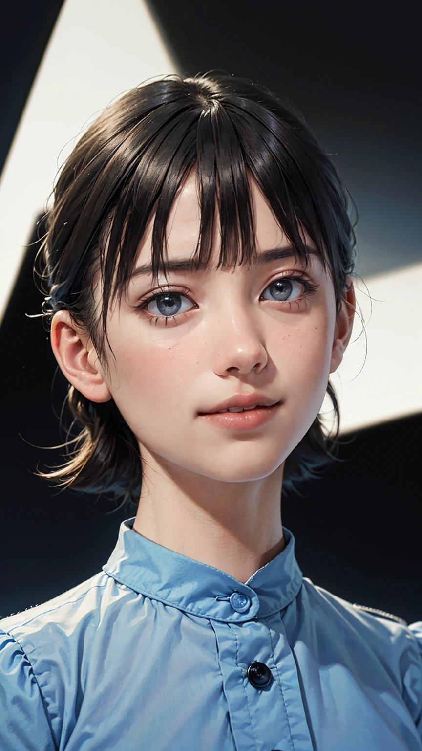 "(highest quality,8k,High resolution,masterpiece:1.2),Very detailed,(Realistic,photoRealistic,photo-Realistic:1.37),(Realistic:1.37),One beautiful woman、short hair,Deep black eyes,21 years old,Light brown hair,Blue clothes,Blue Uniform,Moderate:Oil,Portrait of a Woman,smile,Vibrant colors,Soft lighting,Studio settings,Fine brushwork,White skin,Gentle expression,Subtle highlights,Thin hair bundle,A confident gaze,Classic black and white palette,Dramatic contrast,Bold composition,Mystery hint,Refined elegance,Professional Poses,Graceful posture,Perfect detail,Smooth skin texture,Perfect symmetry,The beauty of film: a mysterious smile,Sublime Art