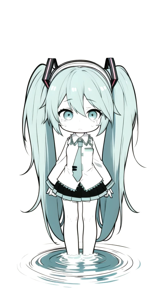 best quality, chibi, 1 girl, miku, Hatsune Miku, (full body), Pure white background,Vivid,clearly,sad face,Are crying,Swim in the water