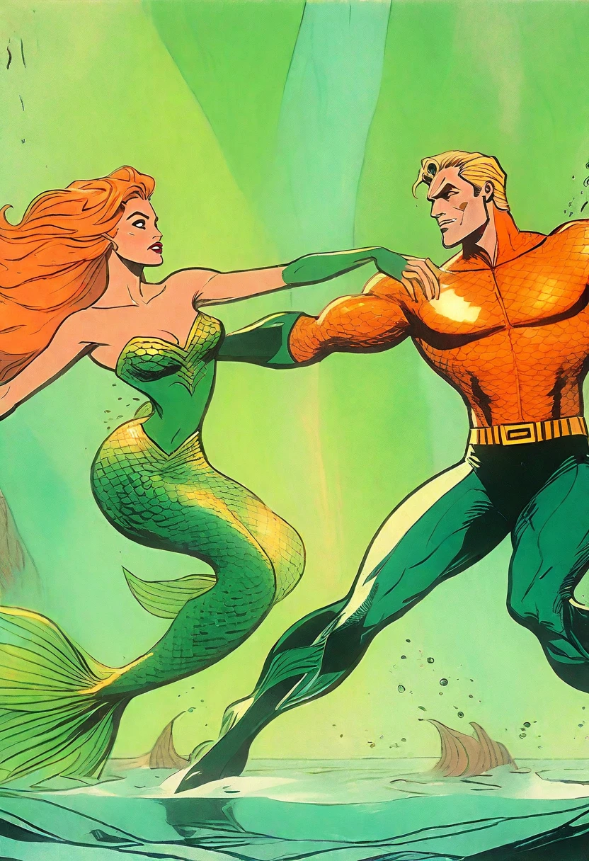 Aquaman (Orin, Arthur Curry, vintage, orange and green costume), dancing a vile stanky boogie with a mermaid princess, duo Aquaman and Mermaid Princess, rotoscope, cinematic, hyperrealism cartoon, hyper maximal, strange, shading for depth, 90's expressive comic style,
