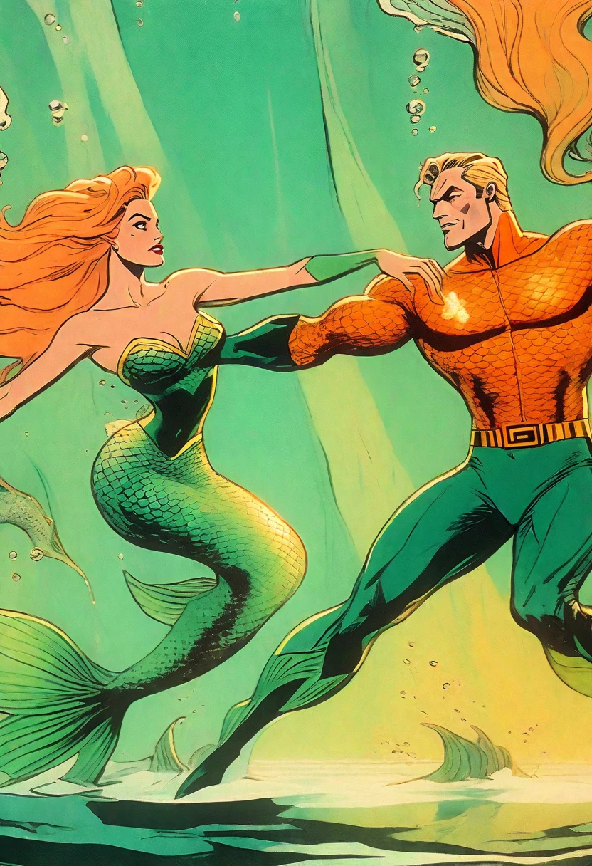 Aquaman (Orin, Arthur Curry, vintage, orange and green costume), dancing a vile stanky boogie with a mermaid princess, duo Aquaman and Mermaid Princess, rotoscope, cinematic, hyperrealism cartoon, hyper maximal, strange, shading for depth, 90's expressive comic style,
