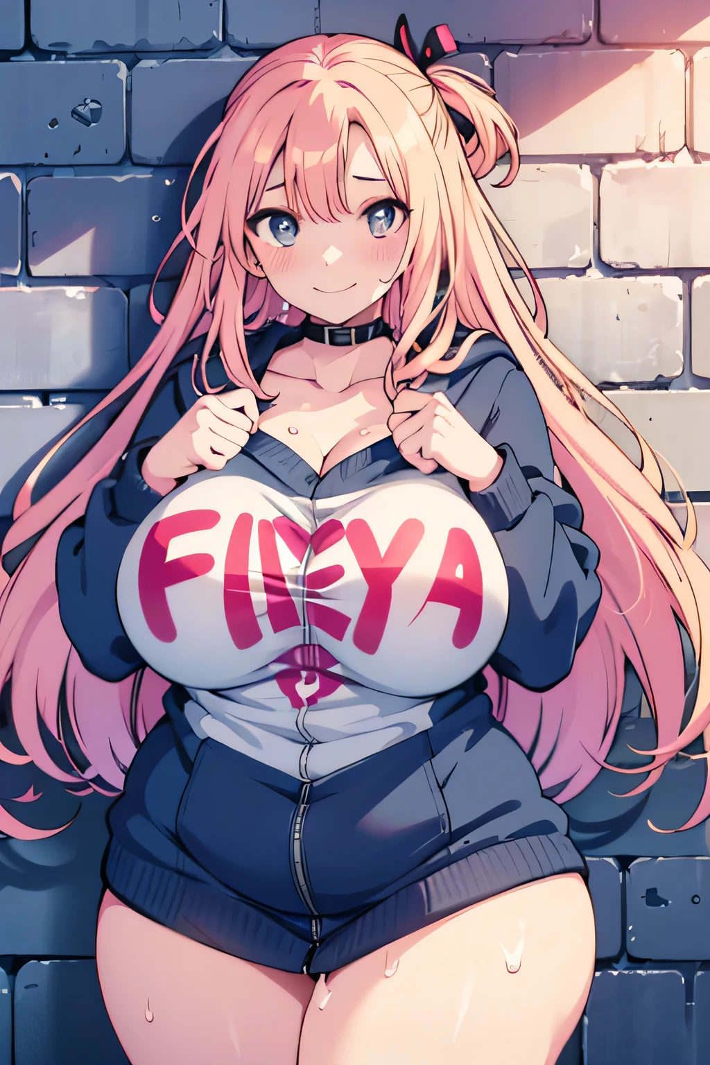 Anime illustration、highest quality、Sex Appeal、Intricate Streets、Street fashion、smile、Graffiti art on the wall、Plump gal leaning against the wall、Perfect proportions、Very large breasts、Fatty legs、Clear eyes、Sweaty、Cowboy Shot