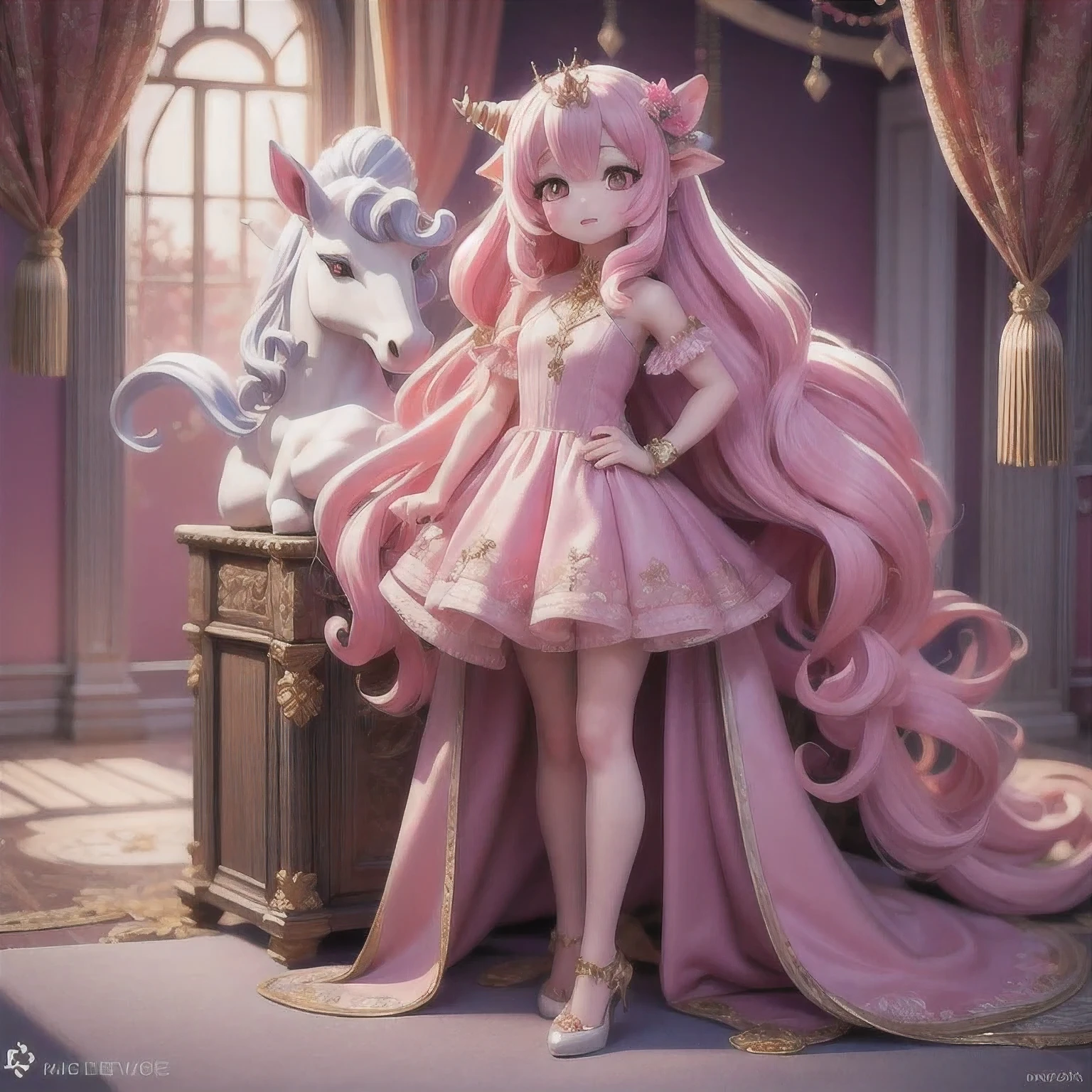 there is a unicorn with a long mane and a pink dress, white unicorn, unicorn, a unicorn, 8k high quality detailed art, 4 k detail fantasy, 4k fantasy art, detailed digital anime art, trending on artstation pixiv, 2. 5 d cgi anime fantasy artwork, anime fantasy artwork, by Yang J, 4 k 