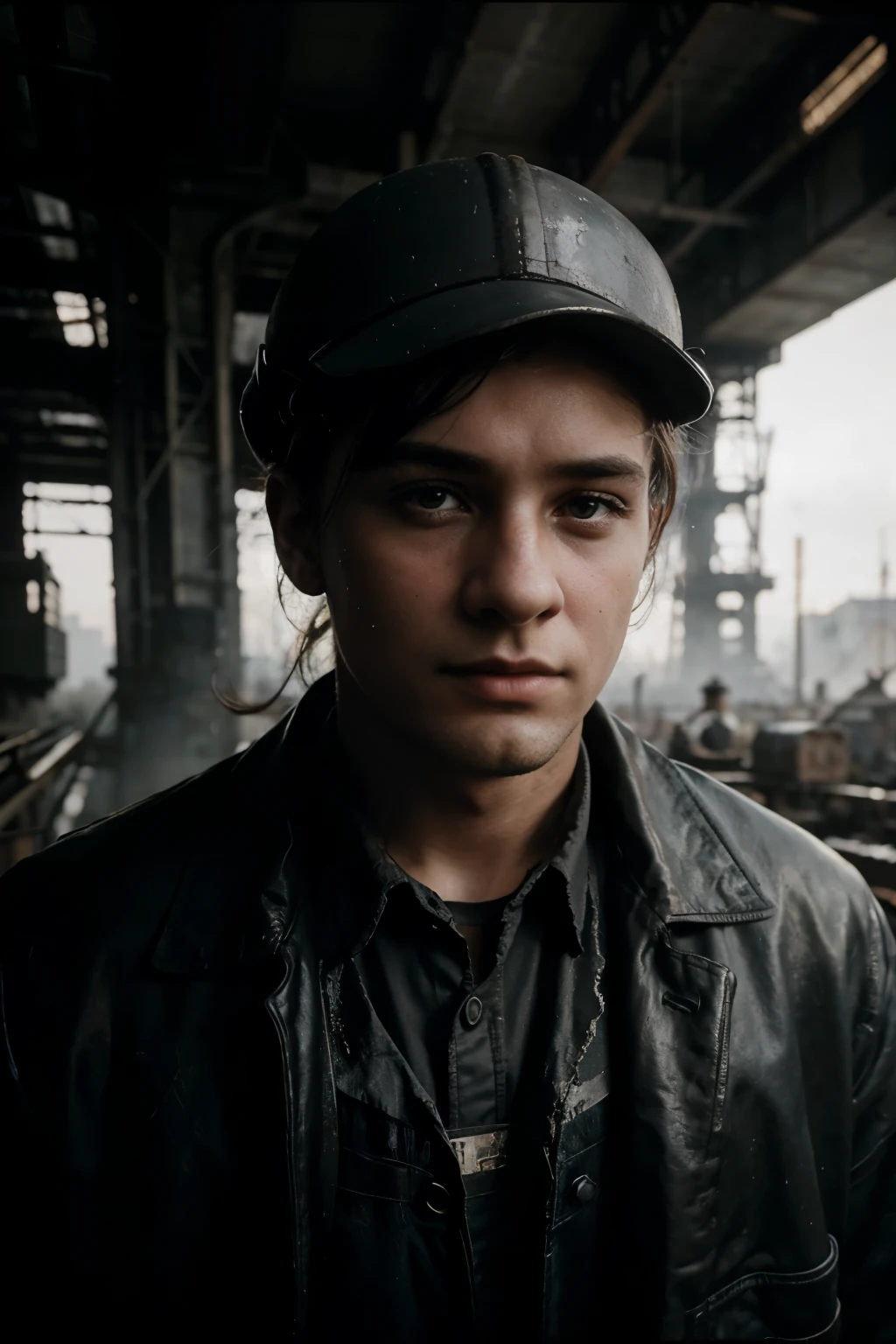 (Masterpiece: 1.1), Early 20th Century, Monochrome Photography, Analog, (High Resolution: 1.2), Russian teenager, Soviet Union, Factories, Industrial Revolution, Gritty Detail, Workwear, Steely gaze, Hands covered in factory grime, Factory smokestacks in the background, Brooding atmosphere, Golden Hour Lighting, Shallow Depth of Field, Dramatic Contrasts, Black and White Film Grain, Vintage Feel, (Historical Accuracy: 1.3), Emotional Weight, Humanity in the Heart of Industry.