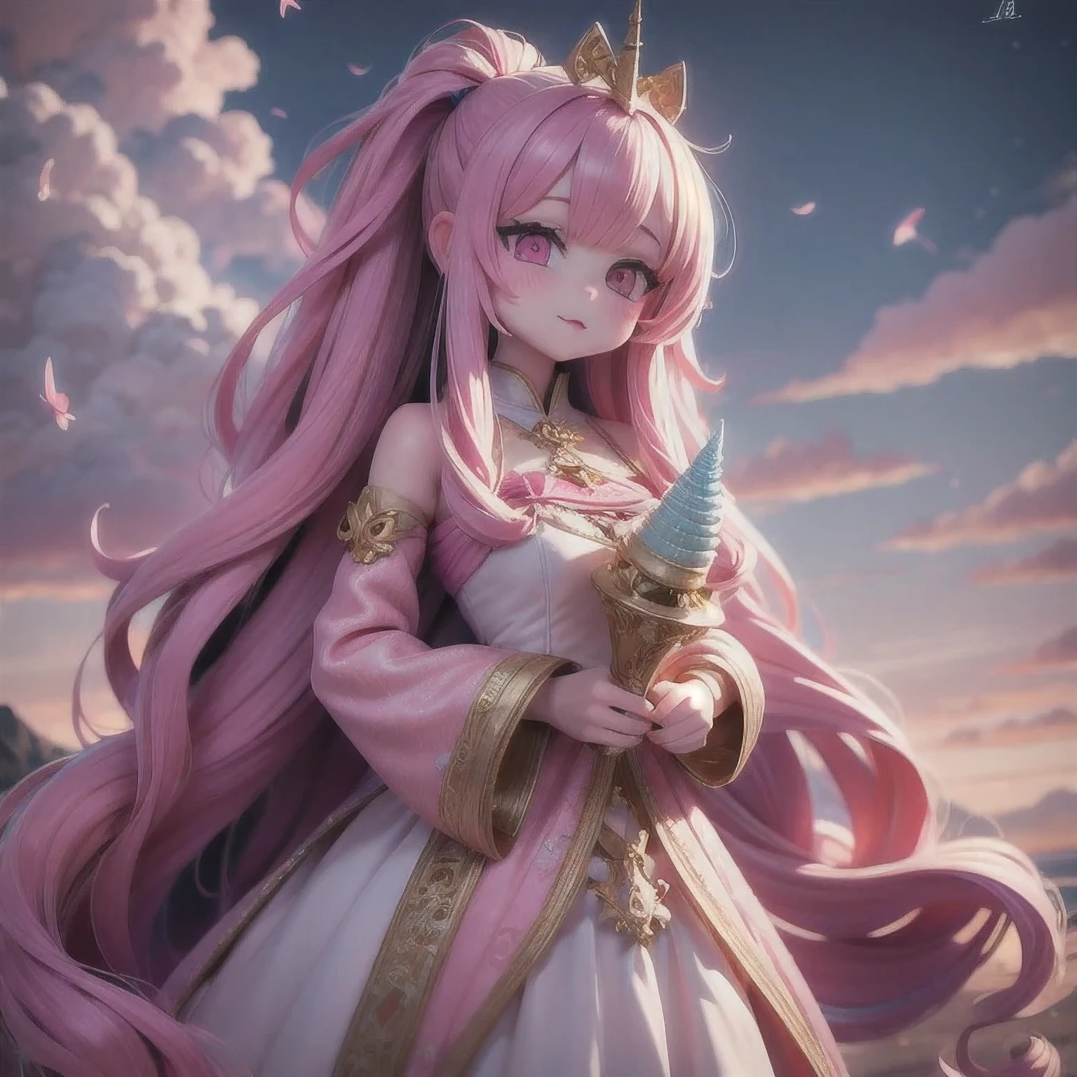 there is a unicorn with a long mane and a pink dress, white unicorn, unicorn, a unicorn, 8k high quality detailed art, 4 k detail fantasy, 4k fantasy art, detailed digital anime art, trending on artstation pixiv, 2. 5 d cgi anime fantasy artwork, anime fantasy artwork, by Yang J, 4 k 