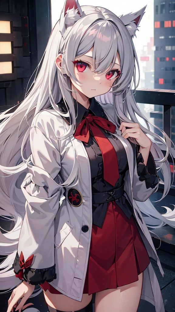 Highest quality　I have long hair　Gray Hair　Sagume Rare God　Red eyes　I don't have anything　vampire　Odd Eye　kind　Miko costume　Cat ear　modern style　Unfriendly