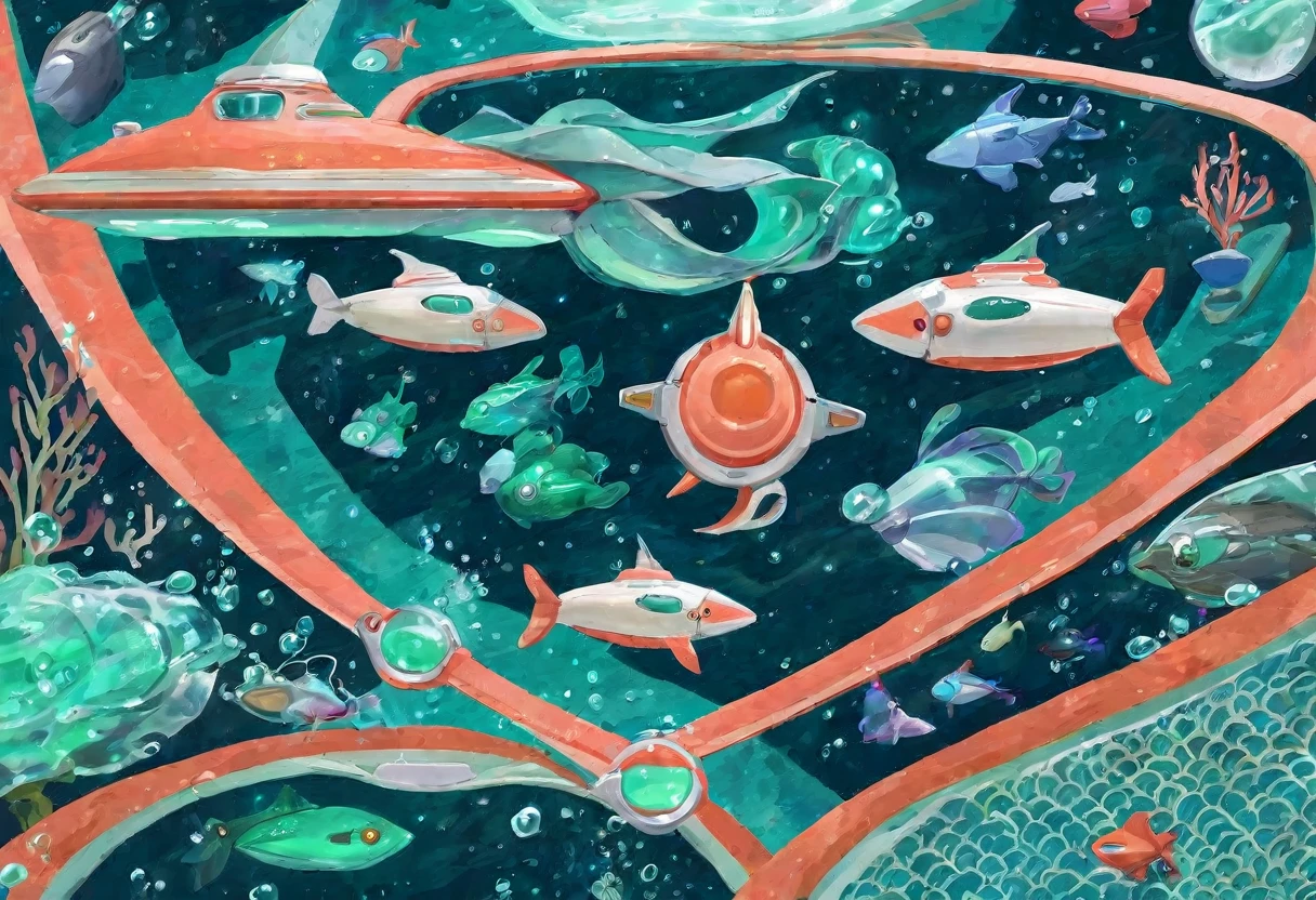 A space ship built by mermaids, high tech panels and displays with patches of coral and kelp. Lovely merpeople crew go about their duties.