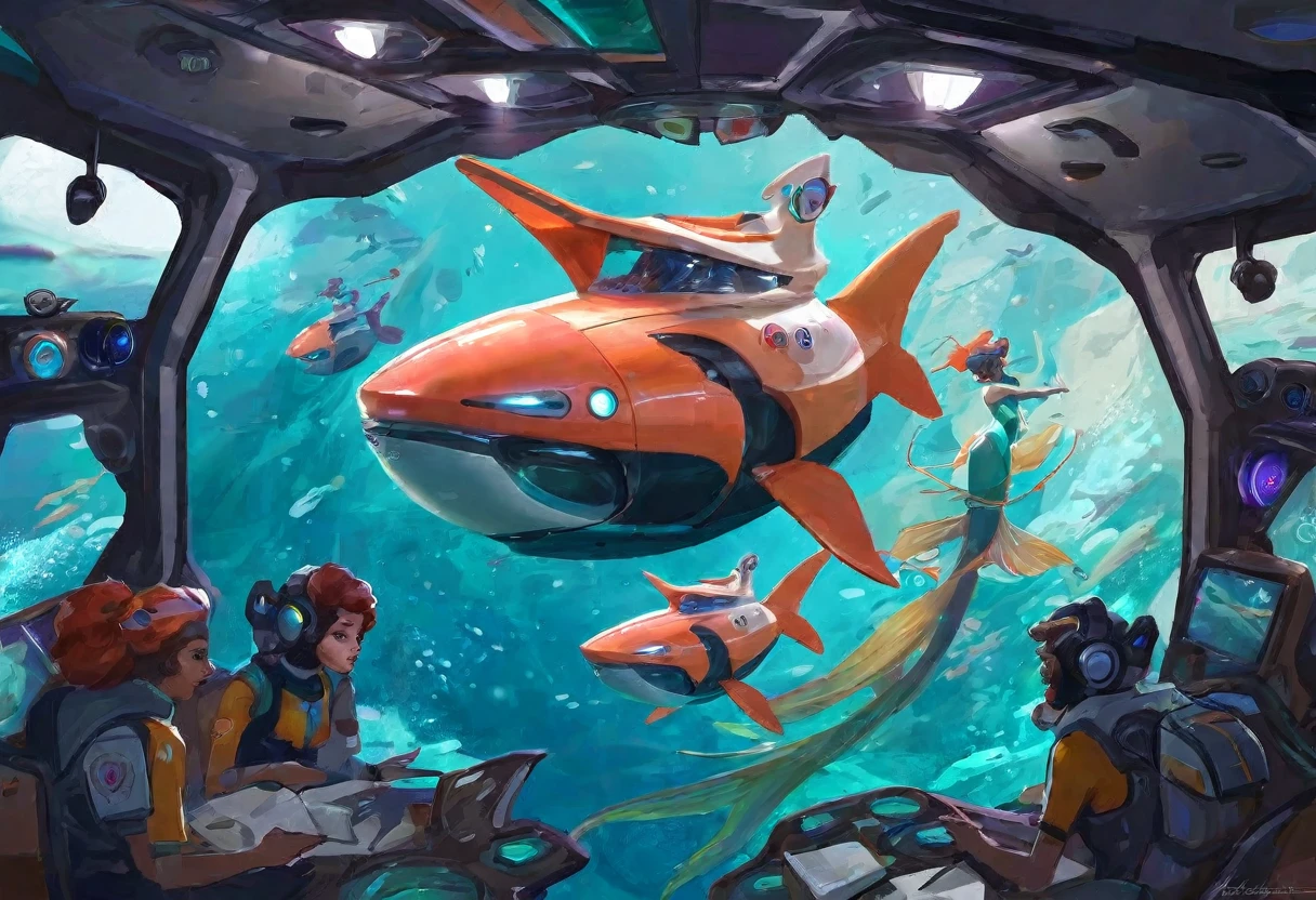A space ship built by mermaids, high tech panels and displays with patches of coral and kelp. Lovely merpeople crew go about their duties.