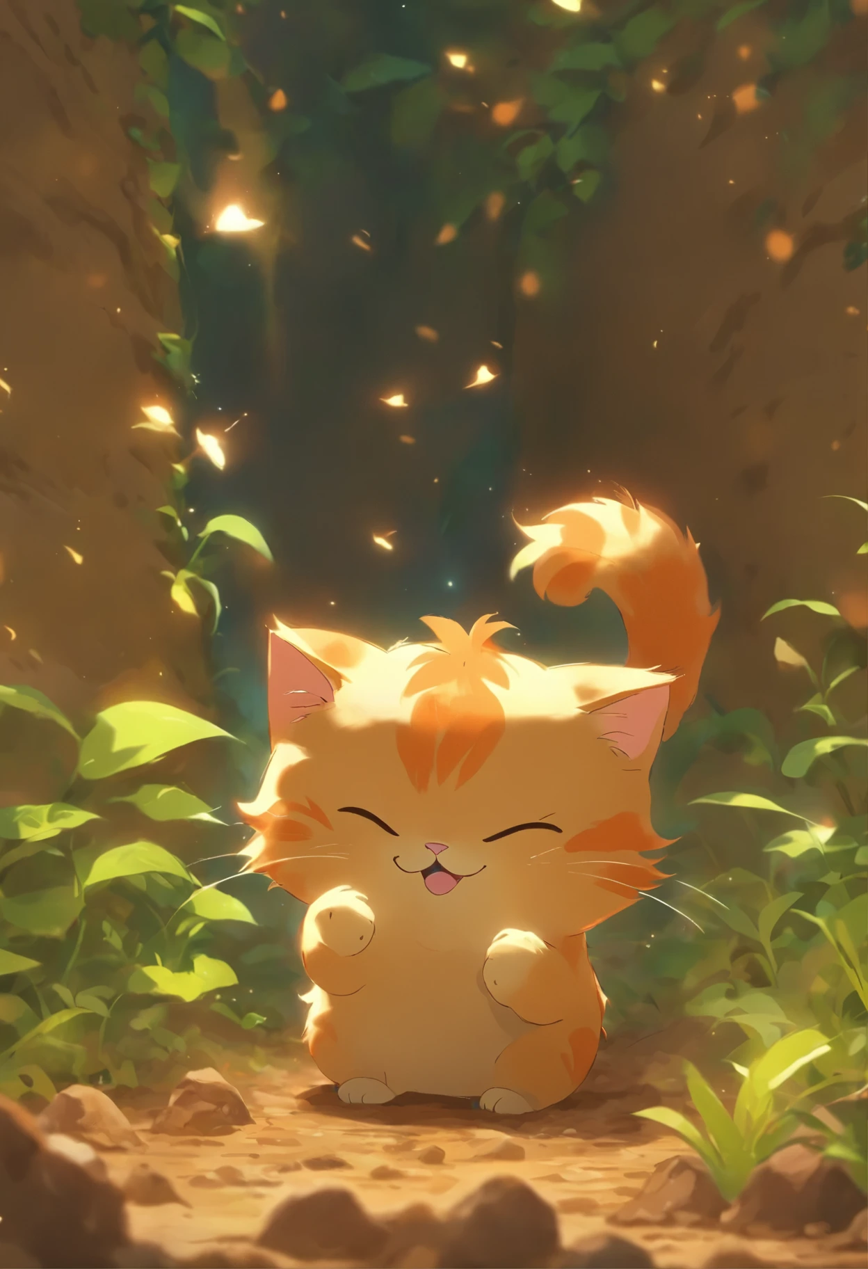 Fat Ginger Kitten thinks for a moment, then cleverly finds the smartphone using a method, and happily starts playing with it again.
Fat Ginger Kitten: (Digging through the soil, discovering the smartphone, excitedly calling out)