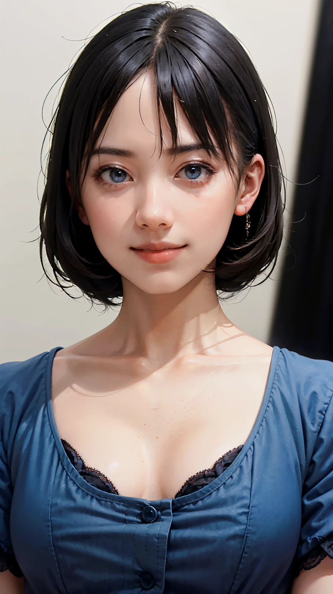 "(highest quality,8k,High resolution,masterpiece:1.2),Very detailed,(Realistic,photoRealistic,photo-Realistic:1.37),(Realistic:1.37),One beautiful woman、short hair,Deep black eyes,21 years old,Light brown hair,Blue clothes,Blue Uniform,Moderate:Oil,Portrait of a Woman,smile,Vibrant colors,Soft lighting,Studio settings,Fine brushwork,White skin,Gentle expression,Subtle highlights,Thin hair bundle,A confident gaze,Classic black and white palette,Dramatic contrast,Bold composition,Mystery hint,Refined elegance,Professional Poses,Graceful posture,Perfect detail,Smooth skin texture,Perfect symmetry,The beauty of film: a mysterious smile,Sublime Art