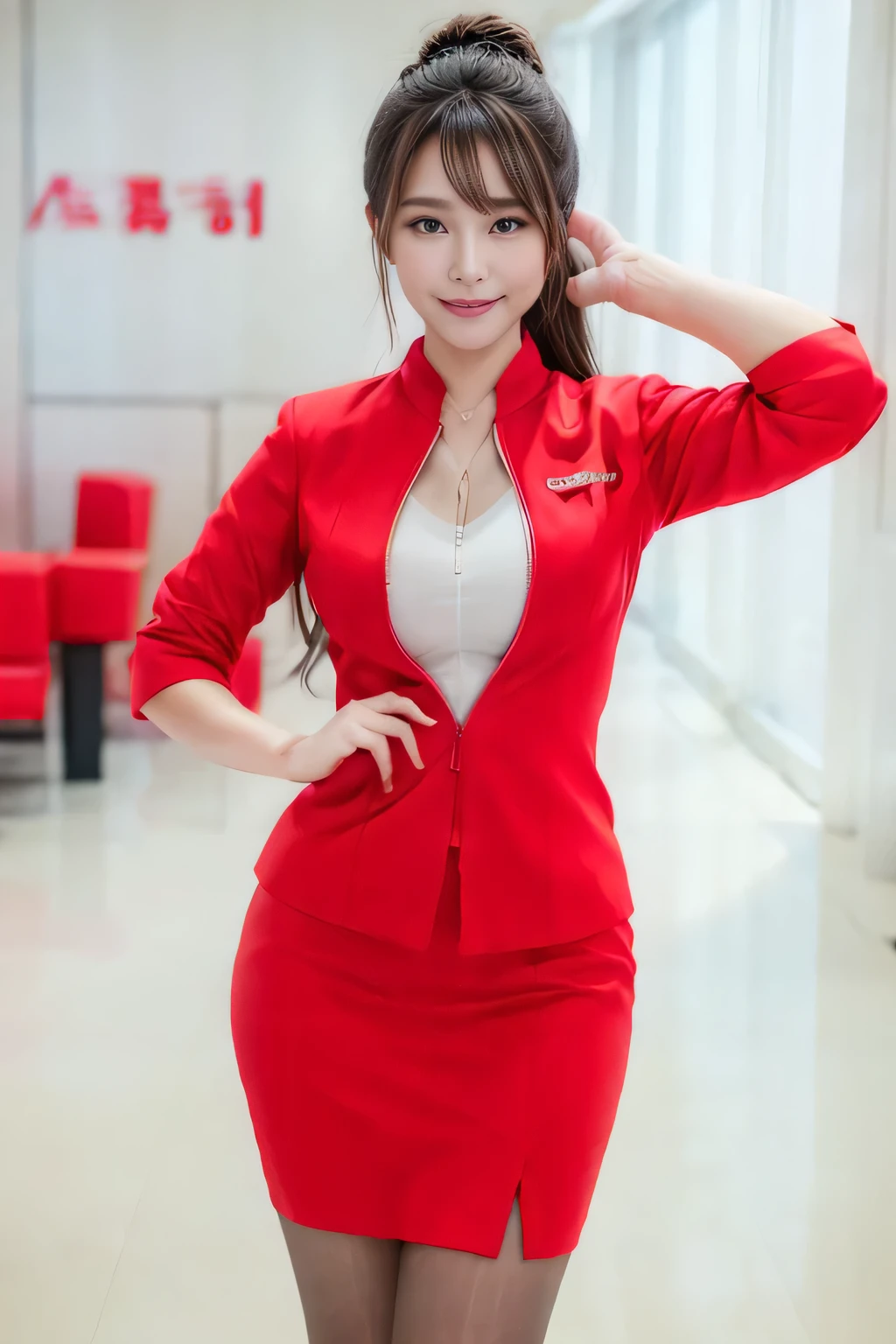 (masterpiece:1.2, highest quality:1.2), 32K HDR, High resolution, (alone、1 girl)、（At the airport lounge、Professional Lighting）、Airport Lounge Background、Beautiful lounge view、（Realistic style with AirAsia flight attendant uniforms）、（AirAsia uniform unzipped red jacket、AirAsia uniform long sleeve red jacket、AirAsia uniform red mini tight skirt、AirAsia uniform white shirt unbuttoned）、Big Breasts、（AirAsia uniform shirt showing big breasts）、Dark brown hair、（Long Hair Up、Hair Bun）、Dark brown hair、Long Shot、（（Fine hand：2.0）），（（Harmonious body proportions：1.5）），（（Normal limbs：2.0）），（（Normal finger：2.0）），（（Delicate eyes：2.0）），（（Normal eyes：2.0））)、Luxury Necklace、Beautiful standing posture,Place your hands around your stomach
