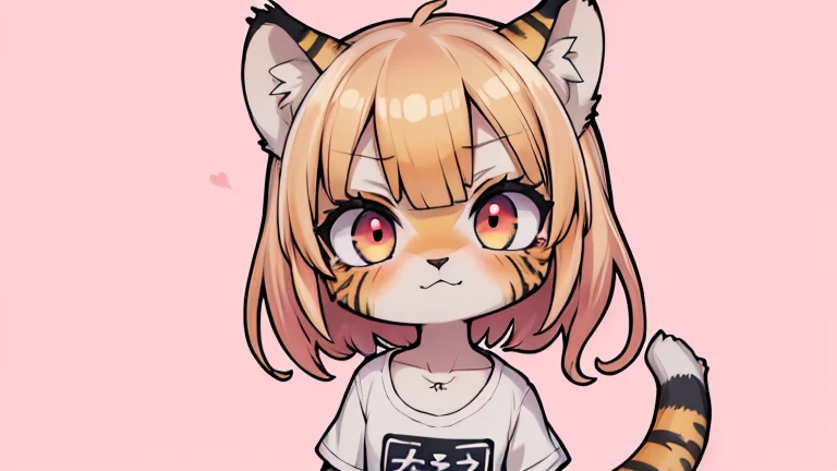 (obra maestra, Alta calidad, mejor calidad, 8K, high resolution), ((estilo chibii, Chibi lindo)), (solo, 1 girl), {Tiger Girl, cara de tigre, 2 colmillos, long eyelashes, delineador de ojos} {bigotes de tigre}, (((Piel de tigre por todo el cuerpo., Rayas de tigre en el cuerpo.))), (pelo naranja), cabello corto, Pinza para el cabello, [[Pinza para el cabello white flower on hair]], ((Muy feliz)), ((boca abierta)), ojos naranjas, [pupilas negras], ((buscando)), (very small breasts), brazos delgados, (un brazo arriba, un brazo hacia abajo), axilas, ((mini camiseta rosa, camiseta rosa completa)), {shorts blancos}, {{{mini cola de tigre, Cola en la espalda}}}, (cuerpo completo), (((de pie, jump angle))), dynamic pose, Fondo blanco, fondo sencillo, ((((Estilo Tora-chan no Hanayome)))), (old anime style 40s), estilo animado, anime color.