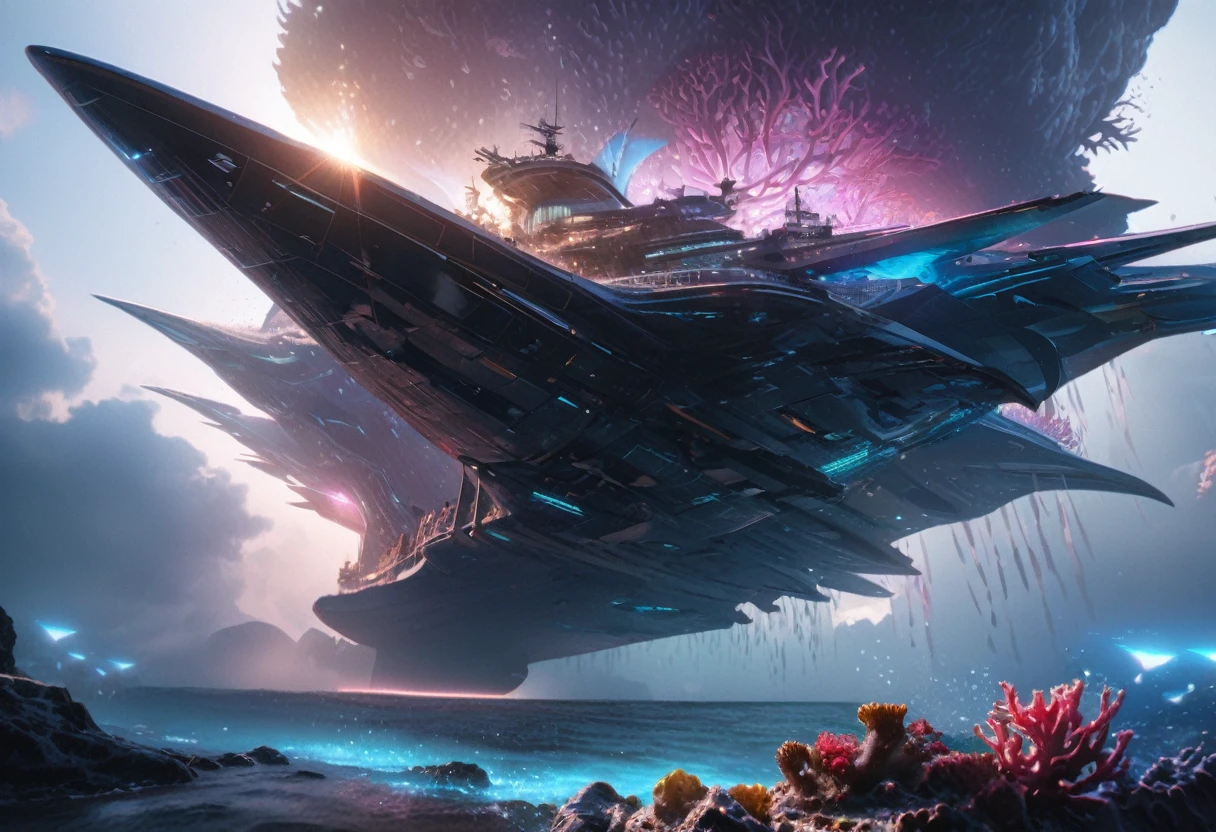 a high-tech mermaid spaceship, a crew of beautiful merpeople, coral and kelp accents, ultra-detailed, hyper realistic, 8k, photorealistic, dynamic lighting, dramatic lighting, cinematic, volumetric fog, glowing bioluminescent elements, intricate mechanical details, advanced holographic interfaces, seamless integration of organic and inorganic elements, ethereal and otherworldly atmosphere, vibrant colors, deep ocean tones, shimmering scales, graceful mermaid figures, flowing hair and fins, serene and awe-inspiring a beautiful mermaid princess, (malaysian, age 25, busty, broad hips, ornate hair, sea creature bikini, long colorful hair, big eyes, very fishlike below the waist) the princess is in a power position next to the captain of the ship