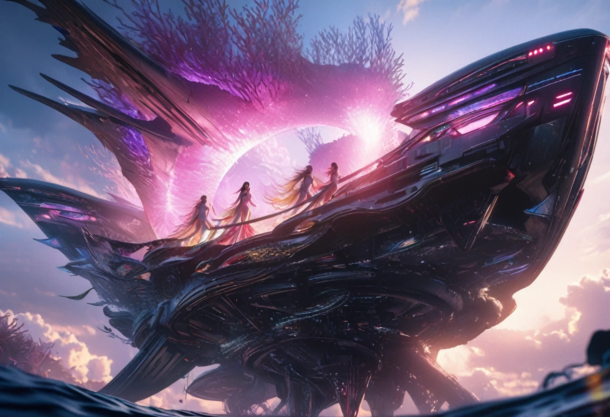a high-tech mermaid spaceship, a crew of beautiful merpeople, coral and kelp accents, ultra-detailed, hyper realistic, 8k, photorealistic, dynamic lighting, dramatic lighting, cinematic, volumetric fog, glowing bioluminescent elements, intricate mechanical details, advanced holographic interfaces, seamless integration of organic and inorganic elements, ethereal and otherworldly atmosphere, vibrant colors, deep ocean tones, shimmering scales, graceful mermaid figures, flowing hair and fins, serene and awe-inspiring a beautiful mermaid princess, (malaysian, age 25, busty, broad hips, ornate hair, sea creature bikini, long colorful hair, big eyes, very fishlike below the waist) the princess is in a power position next to the captain of the ship