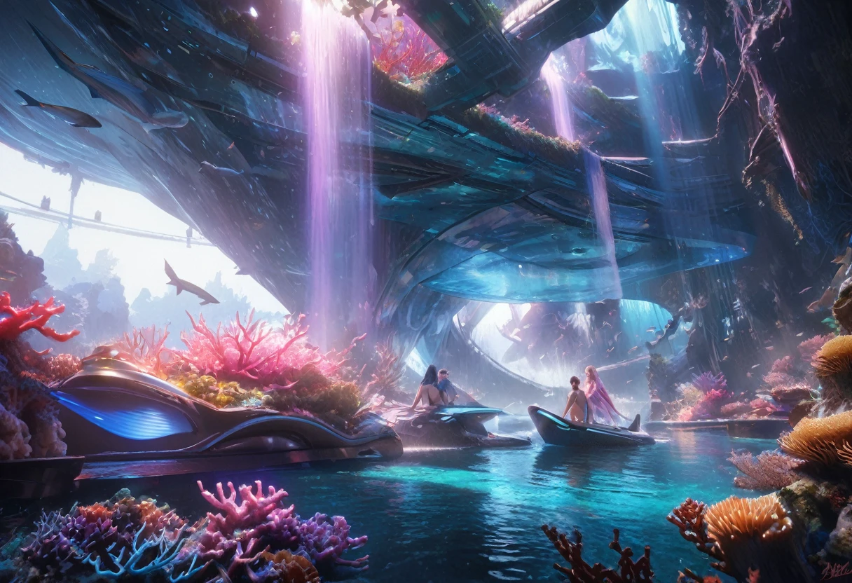 a high-tech mermaid spaceship, a crew of beautiful merpeople, coral and kelp accents, ultra-detailed, hyper realistic, 8k, photorealistic, dynamic lighting, dramatic lighting, cinematic, volumetric fog, glowing bioluminescent elements, intricate mechanical details, advanced holographic interfaces, seamless integration of organic and inorganic elements, ethereal and otherworldly atmosphere, vibrant colors, deep ocean tones, shimmering scales, graceful mermaid figures, flowing hair and fins, serene and awe-inspiring a beautiful mermaid princess, (malaysian, age 25, busty, broad hips, ornate hair, sea creature bikini, long colorful hair, big eyes, very fishlike below the waist) the princess is in a power position next to the captain of the ship