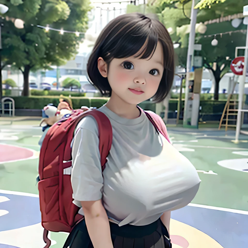 Realistic, adorable, 1 girl, 6 years old, short girl, baby face, adorable face, cute face, chubby cheeks, short hair, ((large breasts)). ((Big breasts)). ((Heavy breasts)). wearing casual outfit, carrying backpack, mini skirt, full body shot, playground, people in the background, blurry background : 0.4, hyper detailed, best Quality, 4k, UHD 