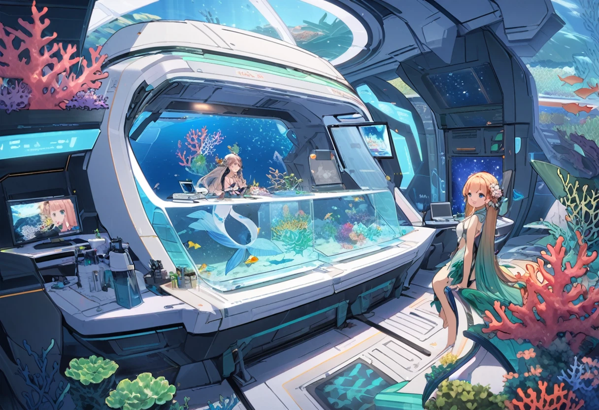 A space ship built by mermaids, high tech panels and displays with patches of coral and kelp. Lovely merpeople crew go about their duties.