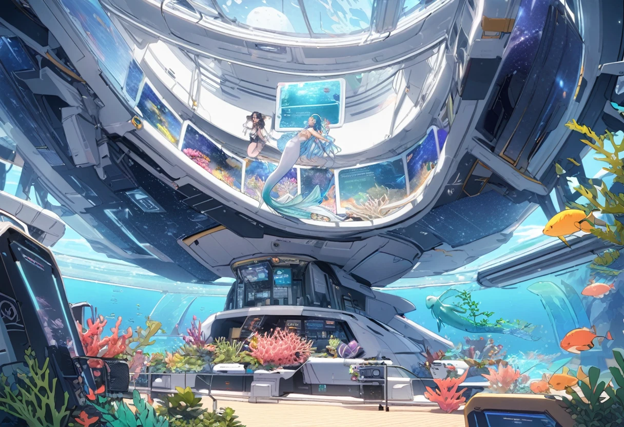 A space ship built by mermaids, high tech panels and displays with patches of coral and kelp. Lovely merpeople crew go about their duties.