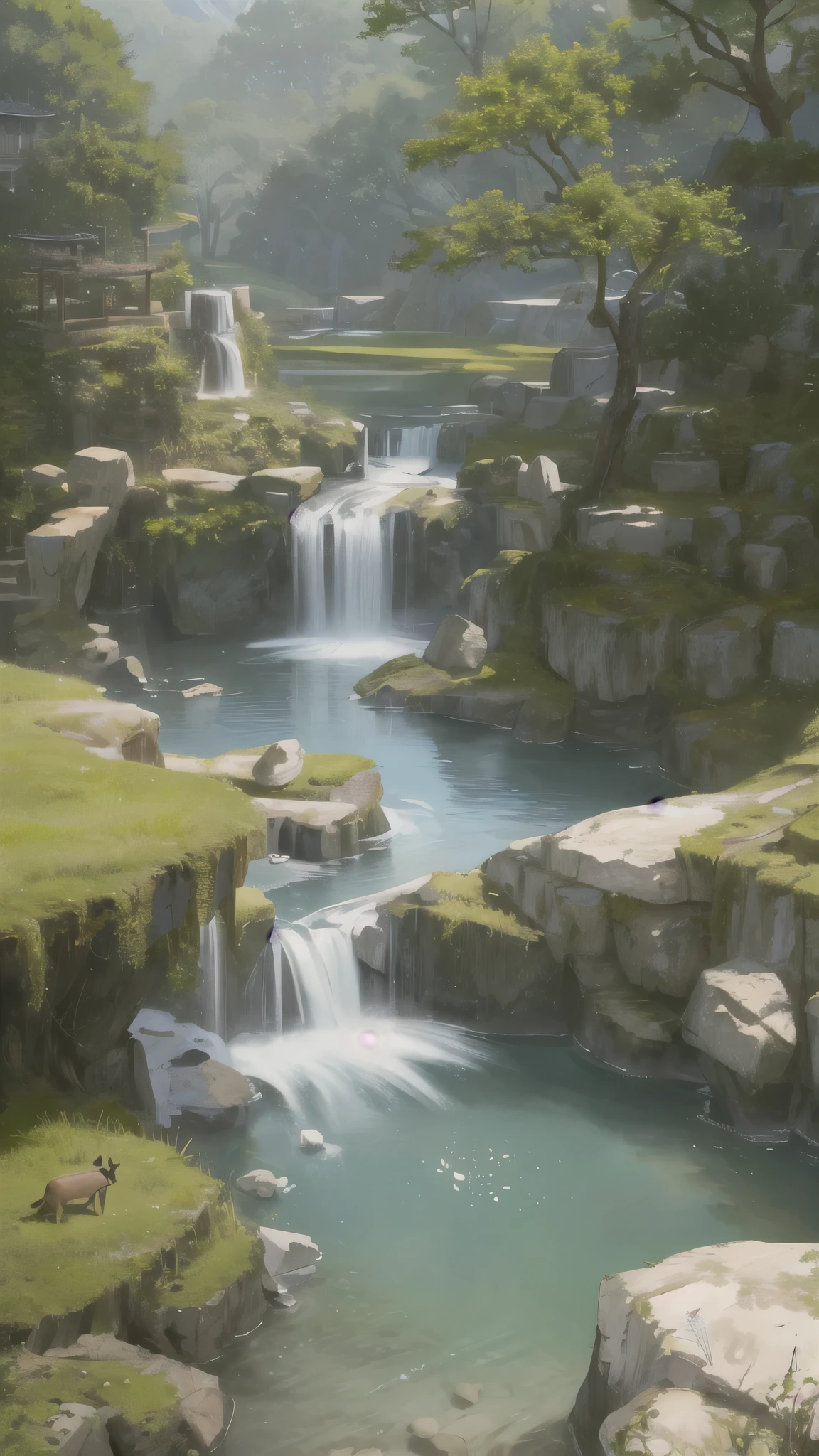 Chinese ancient times, spring, jungle, lake, cave, waterfall, tree, meadow, rock, deer, hot spring, water vapor, (illustration: 1.0), epic composition, realistic lighting, HD details, masterpiece, best quality, (very detailed CG unified 8k wallpaper)