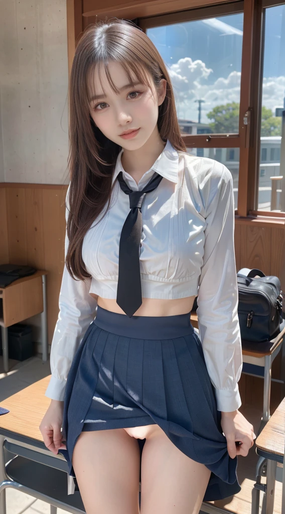 (8K, best quality, masterpiece:1.2), (realistic, photo-realistic:1.37), (high color saturation:1.0), (highly detailed skin), (highest quality:1.0), (ultra high resolution:1.0) ,(realistic:1.0), (Super detailed:1.0), (8K, Raw photo:1.1)、standing random pose, smiling, natural breast, perfect lighting, ((3girls students)), 18years old, (mysterious), clear and detailed, ((school_uniform, Japanese sailor uniform, flared skirt)), (classroom), cute face, (no panties),