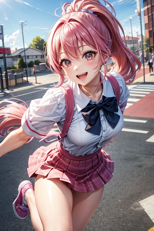A lively woman、Pink Hair Color、Ponytail hairstyle、Hair on both cheeks、jumping scene、smile、Schoolyard、Daytime、Sparkling