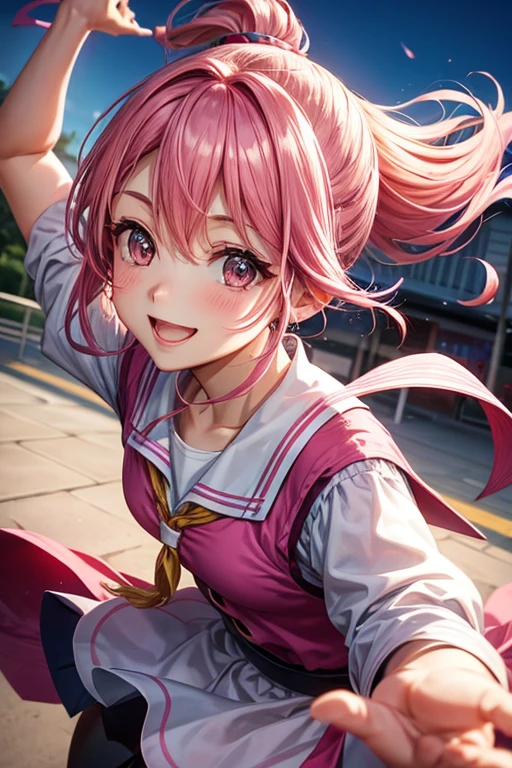 A lively woman、Pink Hair Color、Ponytail hairstyle、Hair on both cheeks、jumping scene、smile、Schoolyard、Daytime、Sparkling