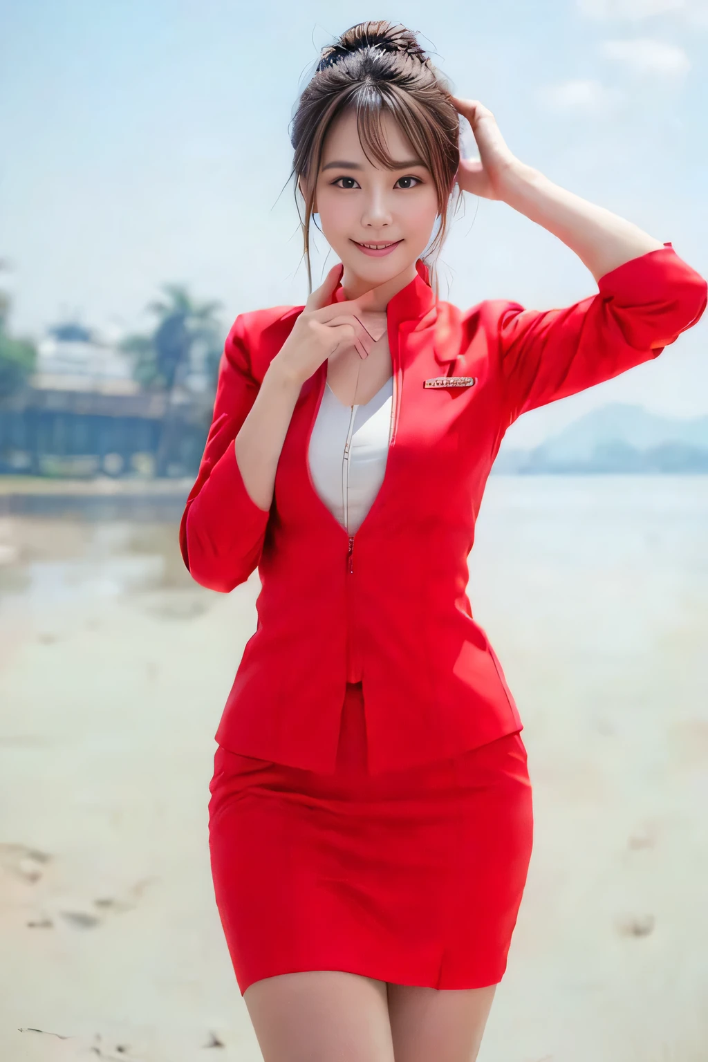 (masterpiece:1.2, highest quality:1.2), 32K HDR, High resolution, (alone、1 girl)、（On board、Professional Lighting）、Background on board、（Realistic style with AirAsia flight attendant uniforms）、（AirAsia uniform unzipped red jacket、AirAsia uniform long sleeve red jacket、AirAsia uniform red mini tight skirt、AirAsia uniform white shirt unbuttoned）、Big Breasts、（AirAsia uniform shirt showing big breasts）、Dark brown hair、（Long Hair Up、Hair Bun）、Dark brown hair、Long Shot、（（Fine hand：2.0）），（（Harmonious body proportions：1.5）），（（Normal limbs：2.0）），（（Normal finger：2.0）），（（Delicate eyes：2.0）），（（Normal eyes：2.0））)、Luxury Necklace、Beautiful standing posture,Place your hands around your stomach