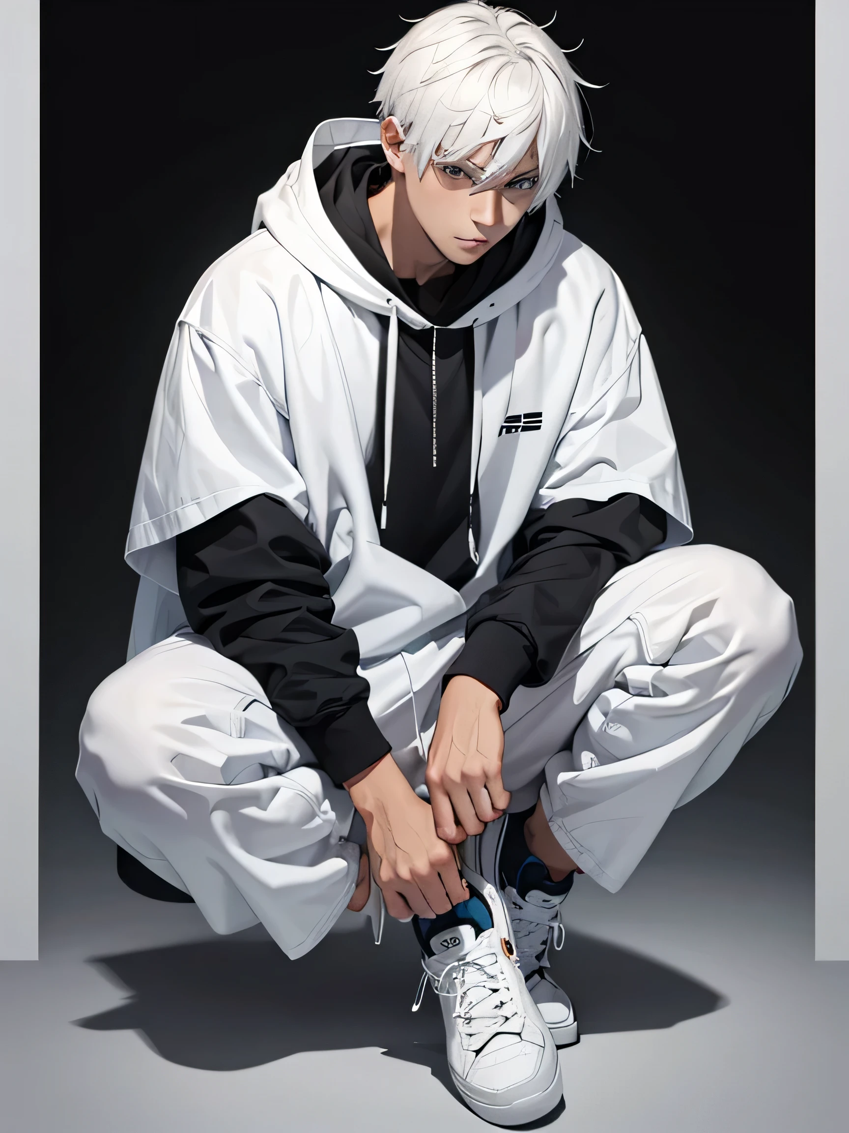 black aesthetic background, a hero wear white hodie, white hair, relax expression, full body photoshot, using white sneakers, sad expression, masterpiece, detailed, 8K wallpaper