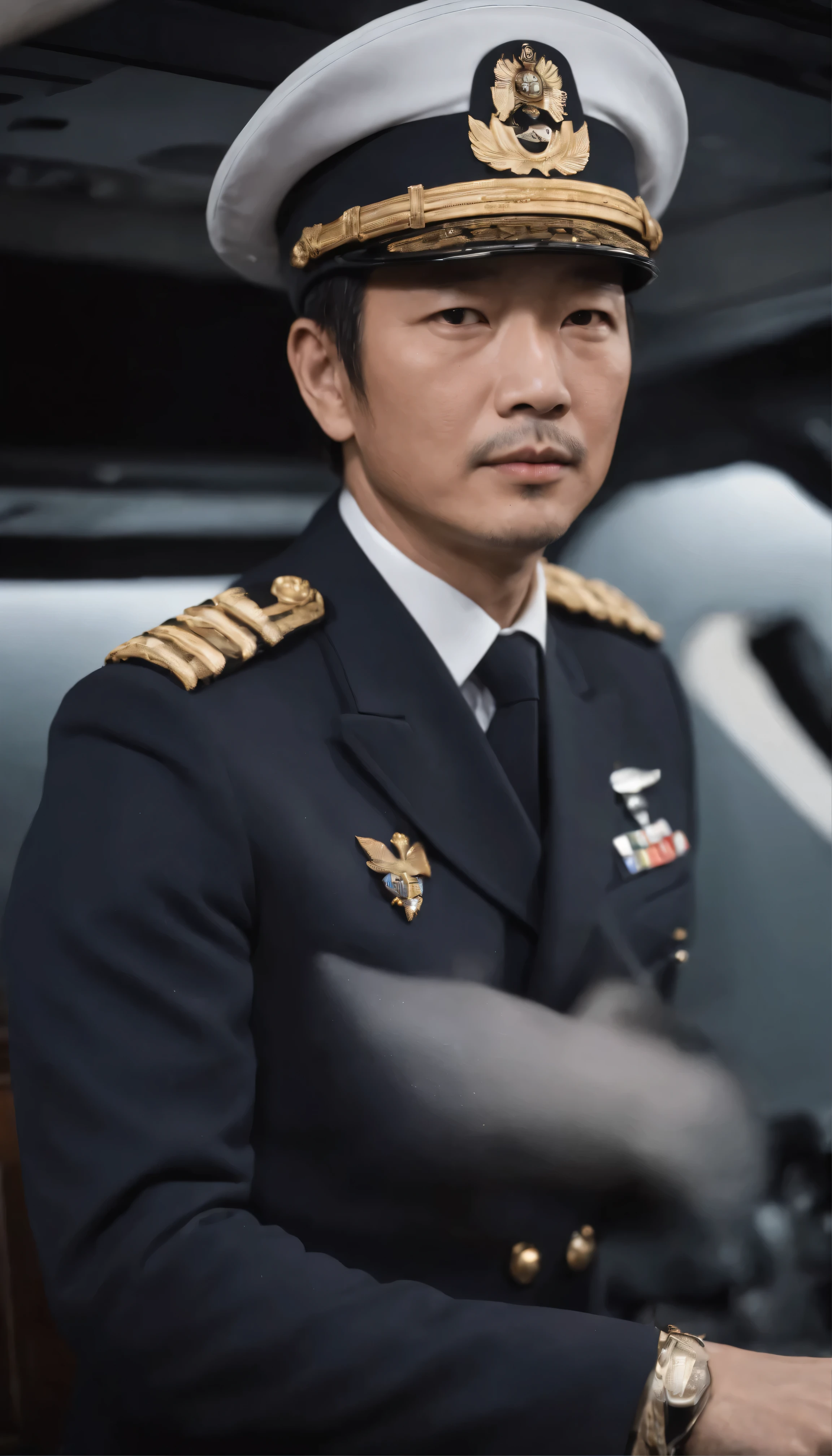 With high definition images、Inside the Self-Defense Forces ship、A captivating scene unfolds with the awe-inspiring presence of respected Captain and Commander Tadanobu Asano.。The interior of the ship is vividly rendered with intricate detail.、Polished metal surface、Stunning control panel、And the complex machinery that holds the giant ship is revealed.。 The captain、Dressed in a naval uniform、A perfect blend of elegance and authority、Drawn in sharp focus。His determined eyes、Reflects veteran leadership。His hands were on the polished steering wheel of the ship.、It alludes to the difficult responsibility that rests on his shoulders.。Details of Tadanobu Asano's face