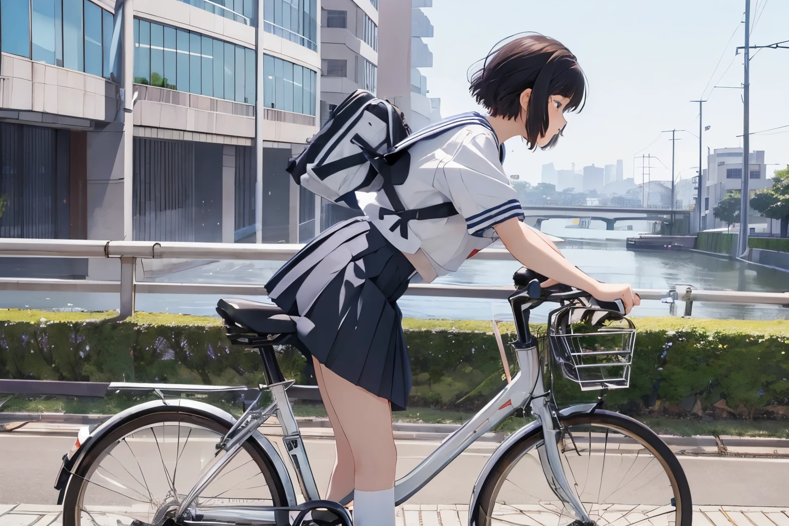 (masterpiece, highest quality:1.2), Reality、4K Anime Art、High school girl riding a bicycle, alone、whole body、Short Hair、White Sailor Suit，Long pleated skirt、From the side、Embankment、