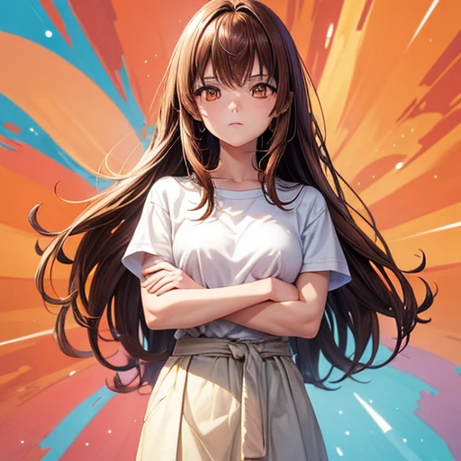 girl, Brown Hair, Orange eyes, Arms crossed, In the middle of the universe, ((Anime Style)), White shirt, Soft colors, Colorful background, Space Background, Soft Strokes