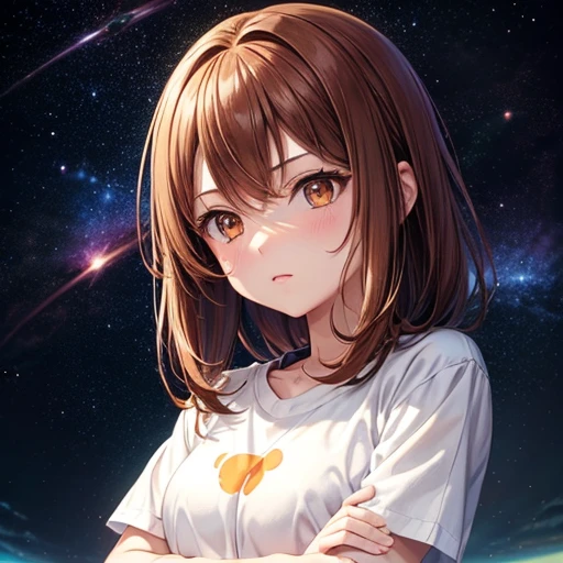 girl, Brown Hair, Orange eyes, Arms crossed, In the middle of the universe, ((Anime Style)), White shirt, Soft colors, Colorful background, Space Background, Soft Strokes