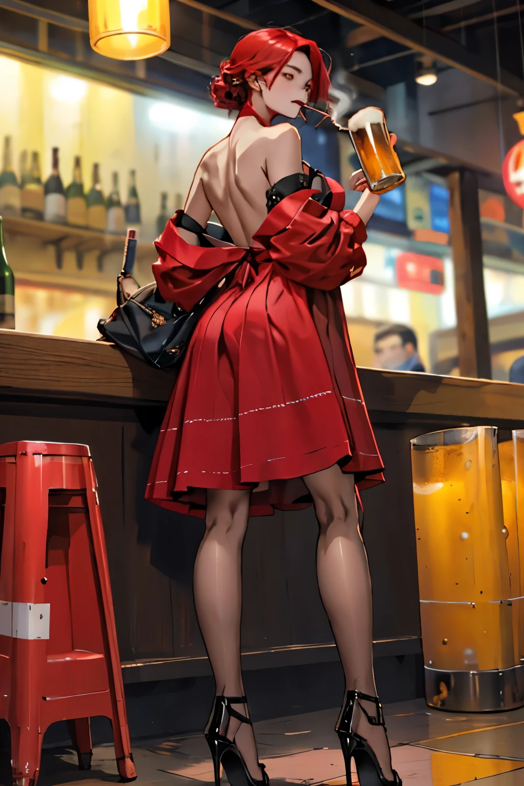 Full-body portrait of a woman wearing a red dress and high heels, standing back to back, holding a beer in one hand and smoking a cigarette