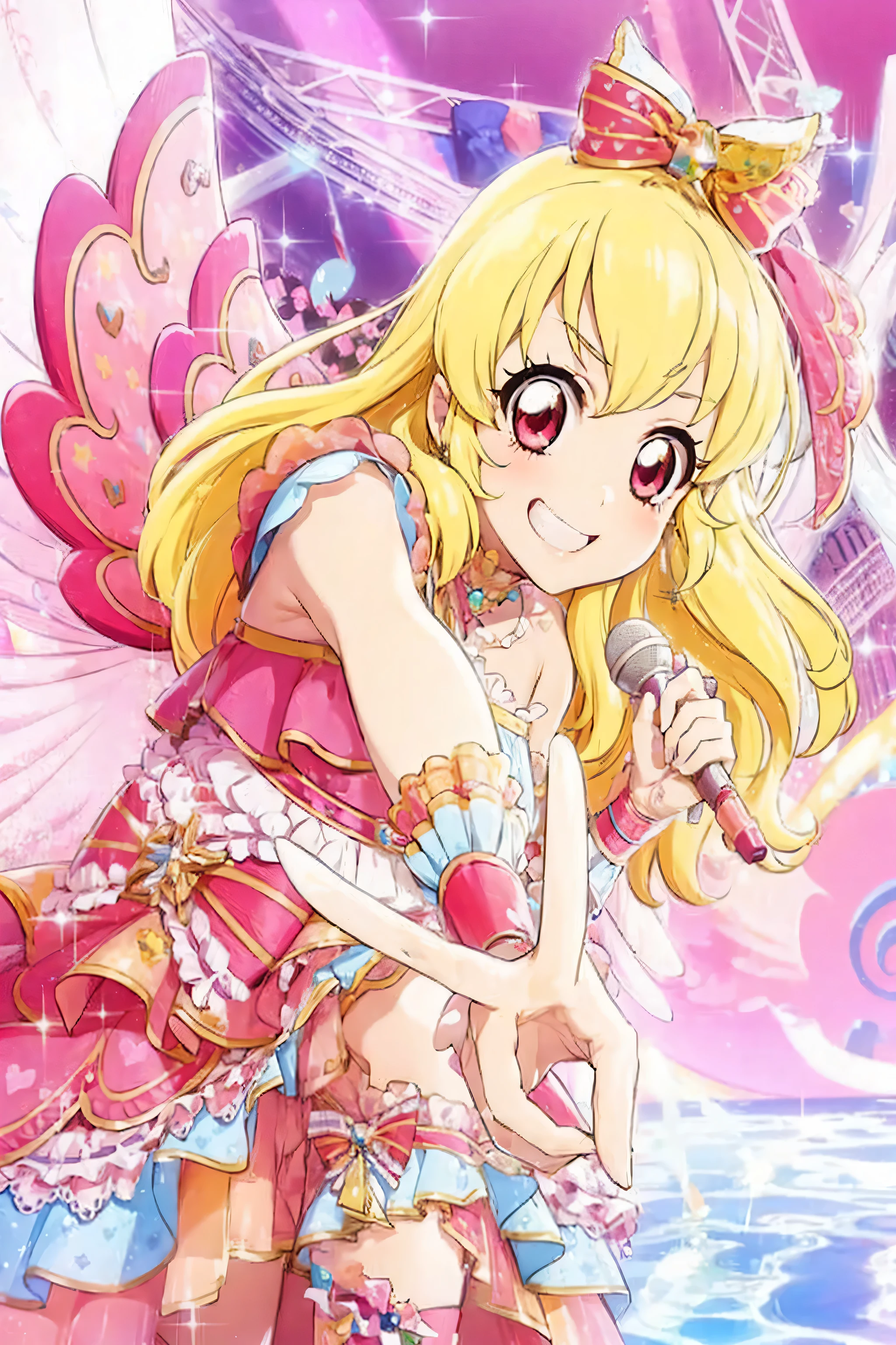aikatsu, 1girl, hoshimiya ichigo, blonde hair, open mouth, smile, solo, red eyes, long hair, microphone, looking at viewer, idol, bow, wings
