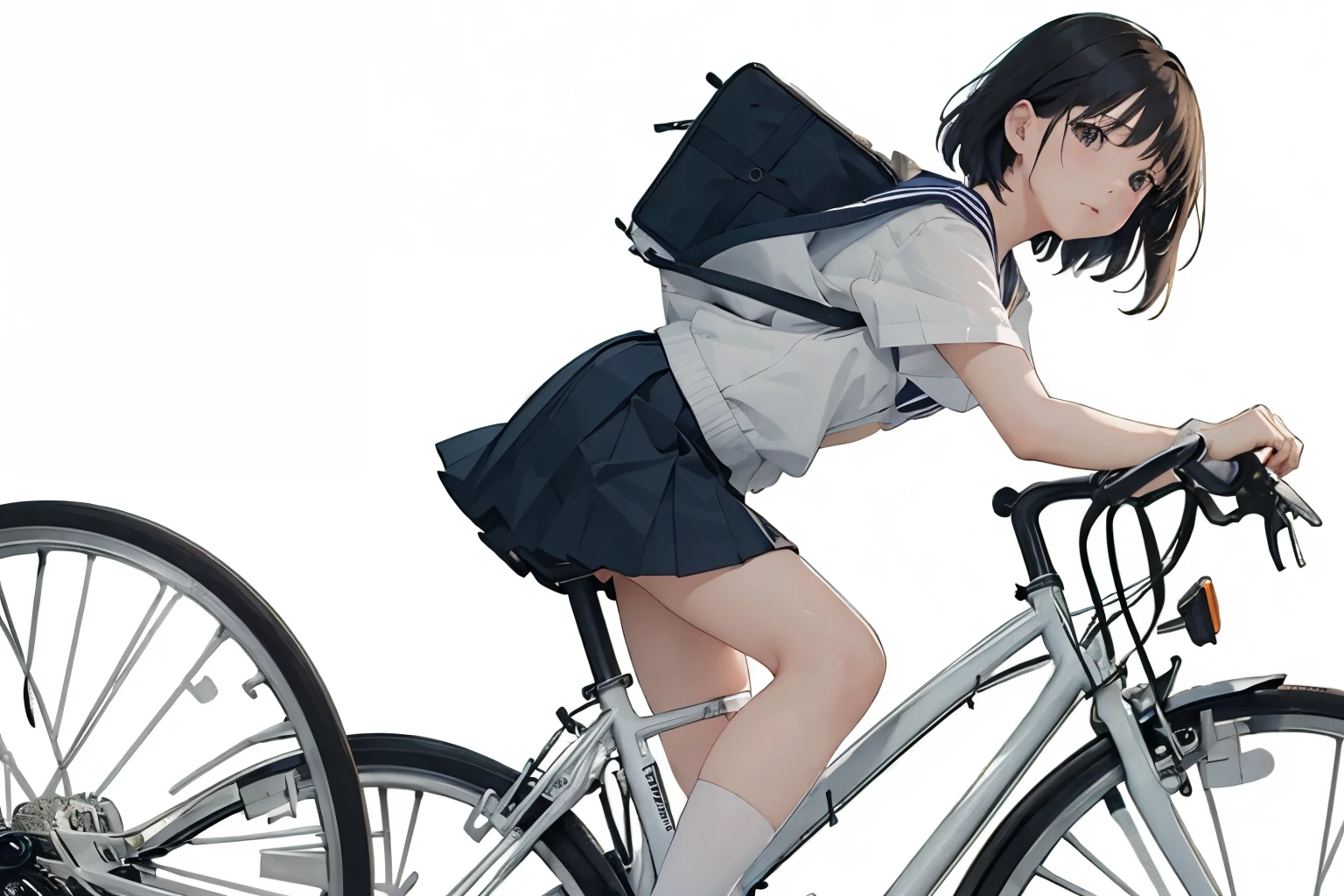 (masterpiece, highest quality:1.2), Reality、4K Anime Art、High  girl riding a bicycle, alone、whole body、Short Hair、White Sailor Suit，Long pleated skirt、From the side、Embankment、