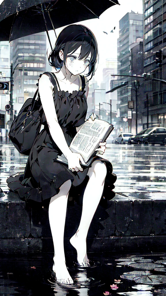 1 anime girl, alone,,Black petals flutter, A mysteriously shining butterfly.city,thin legs,Gloomy cloudy sky,sad expression,very clear,highest quality,city,standing on the street corner,Are crying,tears,close up of face,Sit in the water,barefoot,holding a book in hand,Sit down