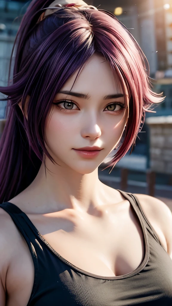 One girl,yoruichi in anime bleach,Long Hair,Purple Hair,Yellow Eyes,beautiful,smile,Yellow clothes,Brown Skin,Urban Background,(highest quality:1.2),(Super detailed,Realistic:1.37),(Vibrant colors),(photoRealistic),(Long eyelashes),Red lips,(Studio Lighting),(Physically Based Rendering),(Ultra-fine painting),High resolution,超High resolution,Sharp focus,(Bokeh),Portraiture,anime