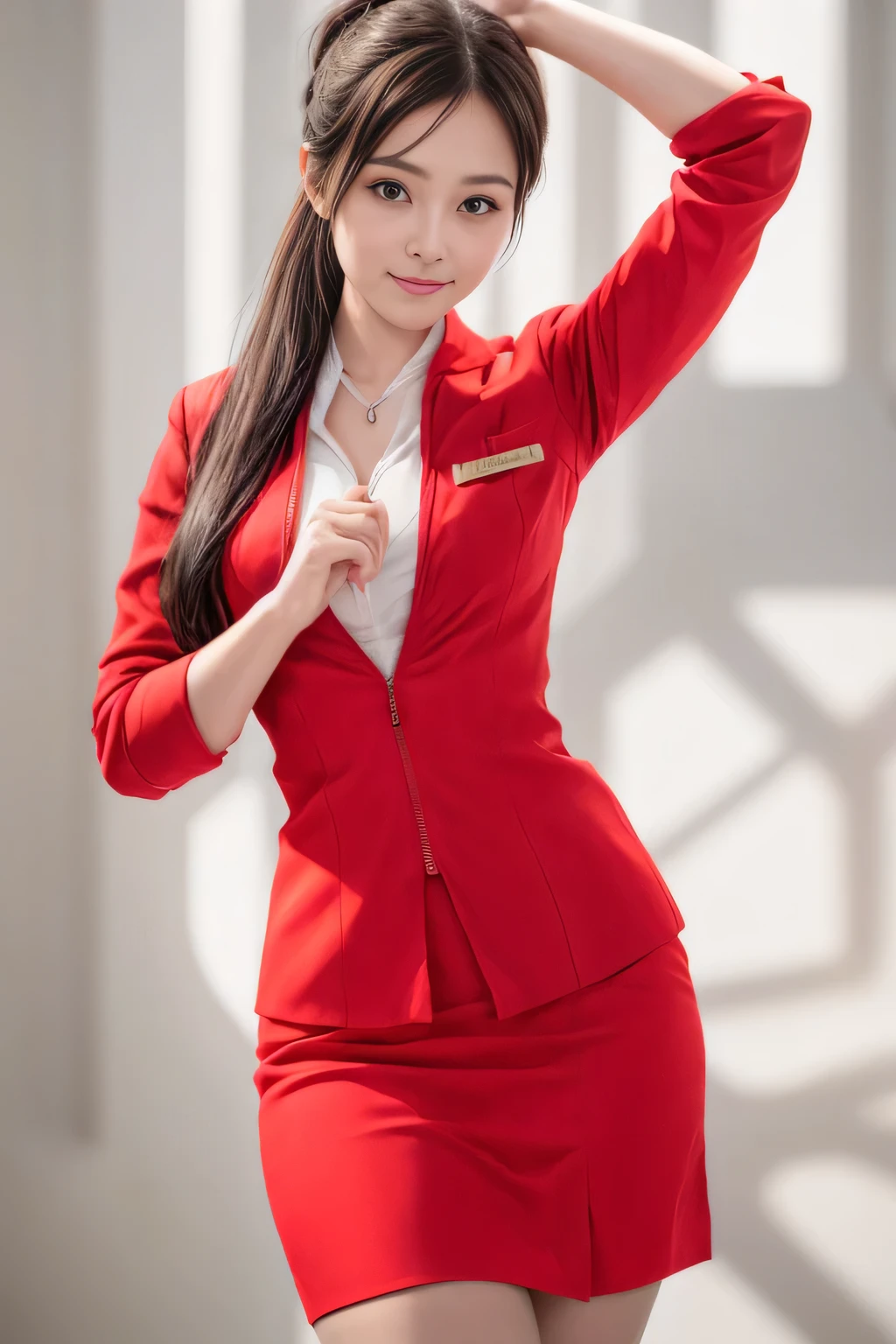 (masterpiece:1.2, highest quality:1.2), 32K HDR, High resolution, (alone、1 girl)、（On board、Professional Lighting）、Background on board、（Realistic style with AirAsia flight attendant uniforms）、（AirAsia uniform unzipped red jacket、AirAsia uniform long sleeve red jacket、AirAsia uniform red mini tight skirt、AirAsia uniform white shirt unbuttoned）、Big Breasts、（AirAsia uniform shirt showing big breasts）、Dark brown hair、（Long Hair Up、Hair Bun）、Dark brown hair、Long Shot、（（Fine hand：2.0）），（（Harmonious body proportions：1.5）），（（Normal limbs：2.0）），（（Normal finger：2.0）），（（Delicate eyes：2.0）），（（Normal eyes：2.0））)、Luxury Necklace、Beautiful standing posture,Place your hands around your stomach