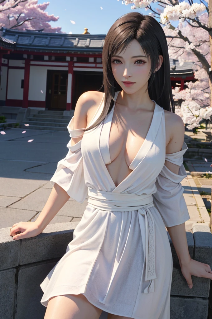 (Top quality, masterpiece: 1.1), (Practical: 1.3), rest (((Final Fantasy 7,Tifa_Lockhart))),Ultra-fine face, Detailed red eye,(Dark brown hair, Large Breasts: 1.2), About 18 years old, (White Japanese clothing, kimono , Japanese clothes, White cherry blossom pattern, White cherry blossom embroidery pattern), Hair flutters in wind, Hair jumping, Pink cherry blossom tree, Flower petals flutter, Cherry Blossom Snow, Excellent view, morning glow, The sun in the background, wind, deity, ivory, myth, Vast land, Kawaii,(Carving installation:1.2),wallpaper, Ultra-high resolution, super high quality,