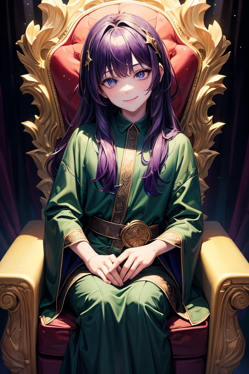 ((best quality)), ((masterpiece)), (detailed), perfect face, Boy, Dark green robe, Dark purple galactic hair, Star pupils, Sitting on a throne made out of quartz, Smiling