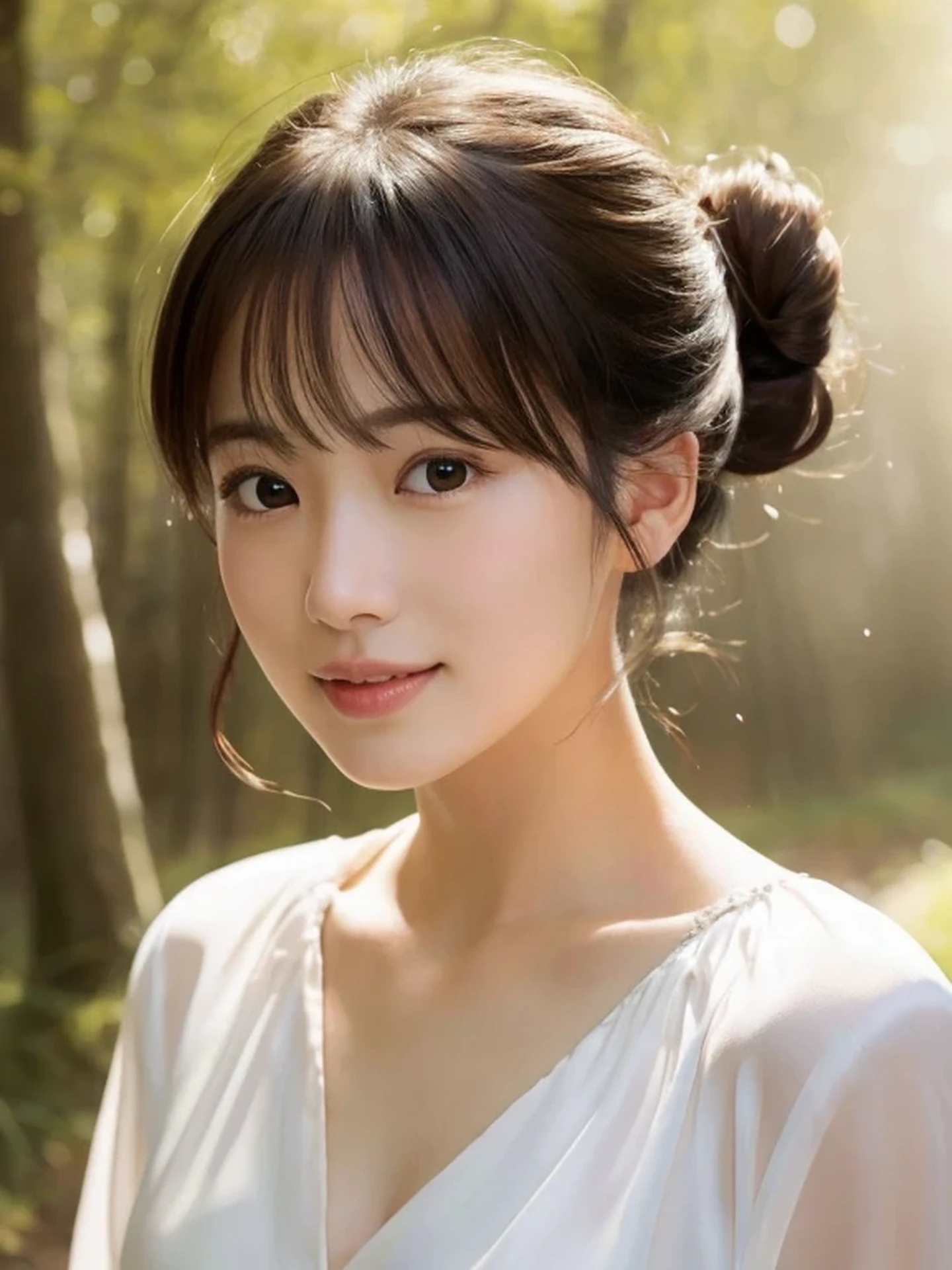 Beautiful Japanese girl, sad, open mouth to say something, shy, Soft skin and a nice perfect face, A small face with a nose and rosy lips, Beautiful Eyes, Beautiful smile. Surrounded by a bright, ethereal glow, half updo, silk blouse, Hyperrealistic female photos, High quality high resolution 8K masterpiece, The morning sunlight shines through the misty forest path,
