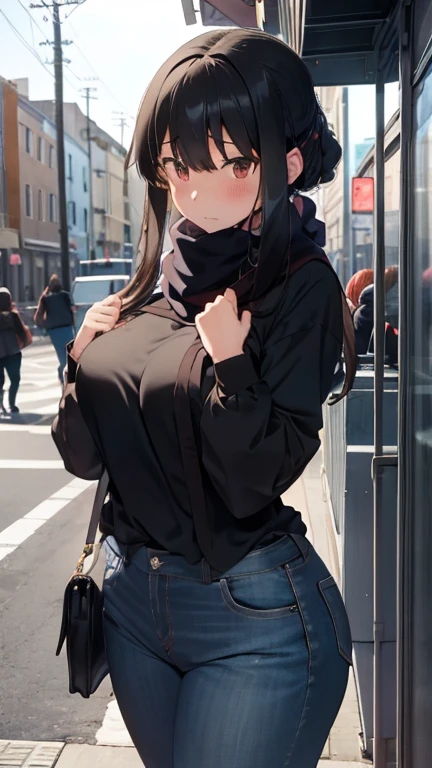 1 female, black long hair, fat body, ugly face, blue eyes, small eyes, large person, huge breast, thick legs, black jacket, short short, in mall, ass