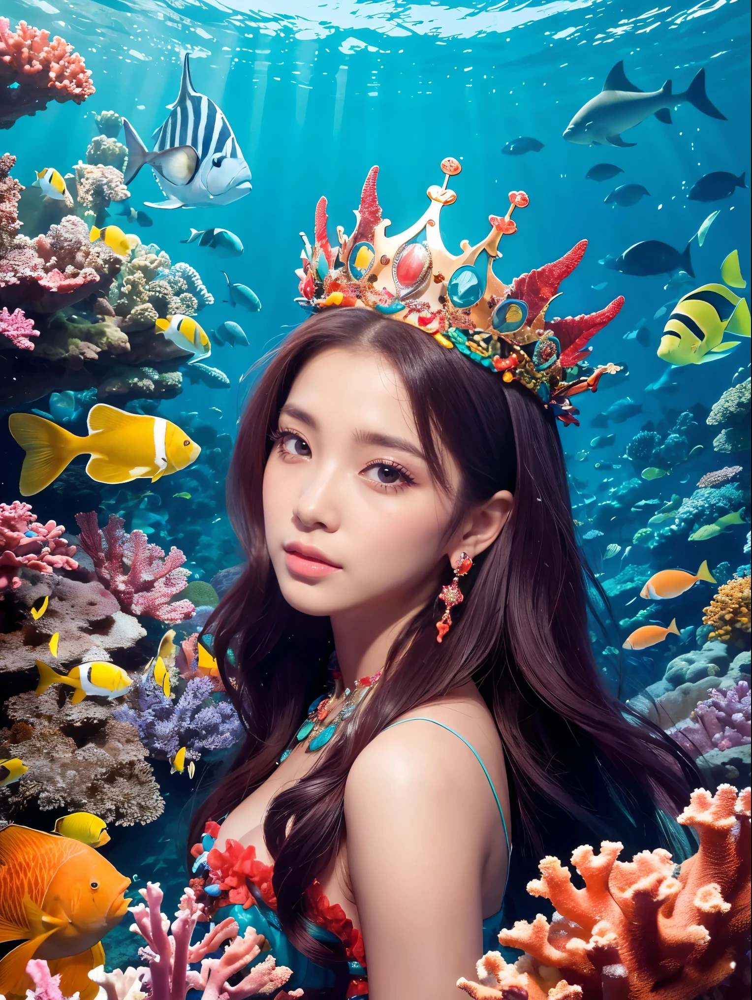 a young girl, 15 years old, in a vibrant sea, surrounded by diverse marine life, colorful coral, and many tropical fish, dressed as a mermaid, wearing a luxurious crown, looking at the viewer, with flowing long hair and long eyelashes, detailed facial features