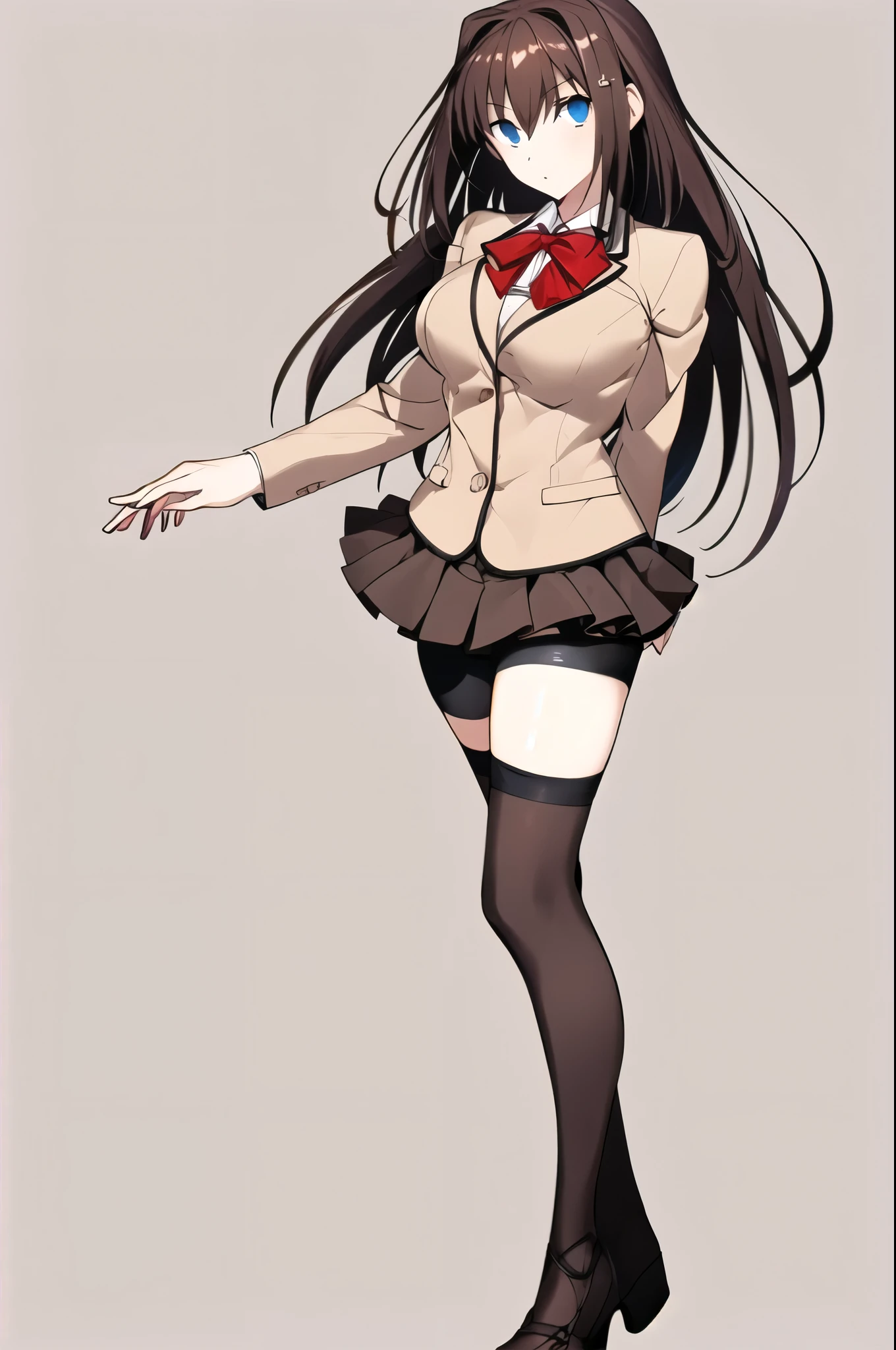 8k, highest quality, highest detail, AokoSchoolUniform, 1girl, solo, (chestnut-brown hair with slightly reddish undertone), perfect face, red bowtie, beige blazer, (large breasts:1.2), well formed breasts. (Umber pleated mini-skirt:1.5), (black spandex shorts:1.4), (nice thighs:1.5), (black thigh-high hosiery:1.6), (brown Strap-Shoes), shoes visible, standing, ((Full body in frame)) (white-empty background:1.4), completely empty background,
