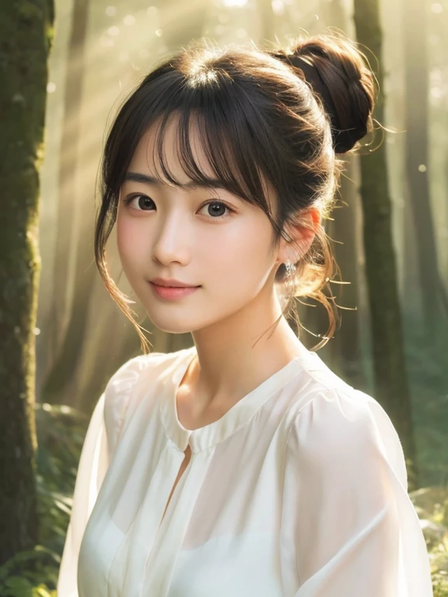 Beautiful Japanese girl, sad, open mouth to say something, shy, Soft skin and a nice perfect face, A small face with a nose and rosy lips, Beautiful Eyes, Beautiful smile. Surrounded by a bright, ethereal glow, half updo, silk blouse, Hyperrealistic female photos, High quality high resolution 8K masterpiece, The morning sunlight shines through the misty forest path,