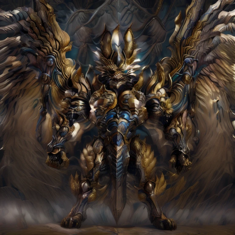(Pokémon) (Zeraora), (masterpiece, best quality, detailed:1.2), (nj5furry), (medieval armor:1.3) sparkling skin, Vibrant colors, 4K, GOLD armor, Its full plate armor emphasizes the muscles. big muscle (pecs, triceps, traps) unusually developed muscular body, body full of huge muscles. showing off muscles, pectorales enormes. Exaggeratedly huge muscles. Gigachad Muscular, Very muscular, Large pecs, Spread wings, It has wings. have big wings. has 10 large wings. It has large golden wings. The feathers on its wings are detailed and realistic. FULL BODY, giant, huge body, long legs, gigantic, sitting on the throne,