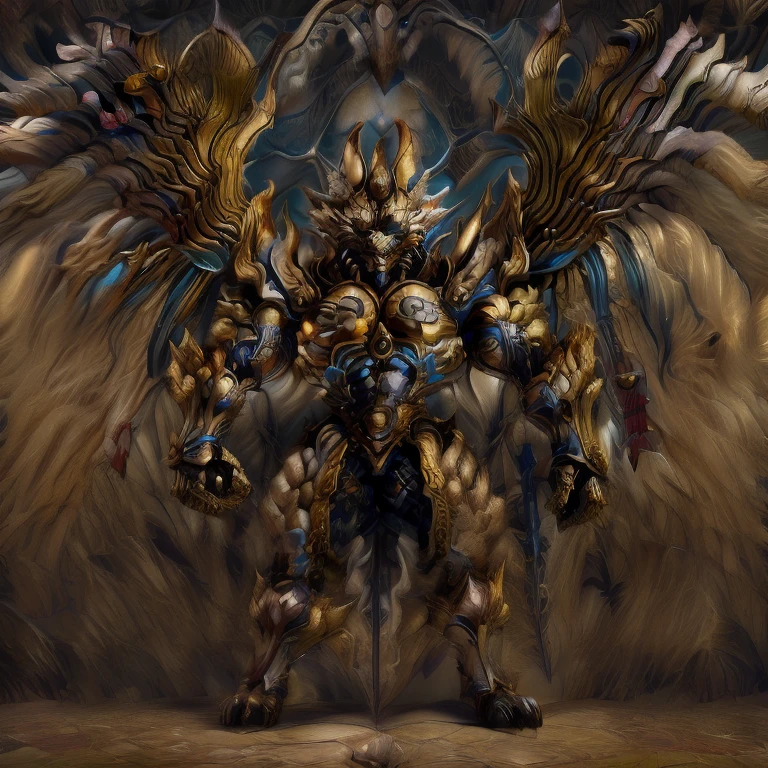 (Pokémon) (Zeraora), (masterpiece, best quality, detailed:1.2), (nj5furry), (medieval armor:1.3) sparkling skin, Vibrant colors, 4K, GOLD armor, Its full plate armor emphasizes the muscles. big muscle (pecs, triceps, traps) unusually developed muscular body, body full of huge muscles. showing off muscles, pectorales enormes. Exaggeratedly huge muscles. Gigachad Muscular, Very muscular, Large pecs, Spread wings, It has wings. have big wings. has 10 large wings. It has large golden wings. The feathers on its wings are detailed and realistic. FULL BODY, giant, huge body, long legs, gigantic, sitting on the throne,